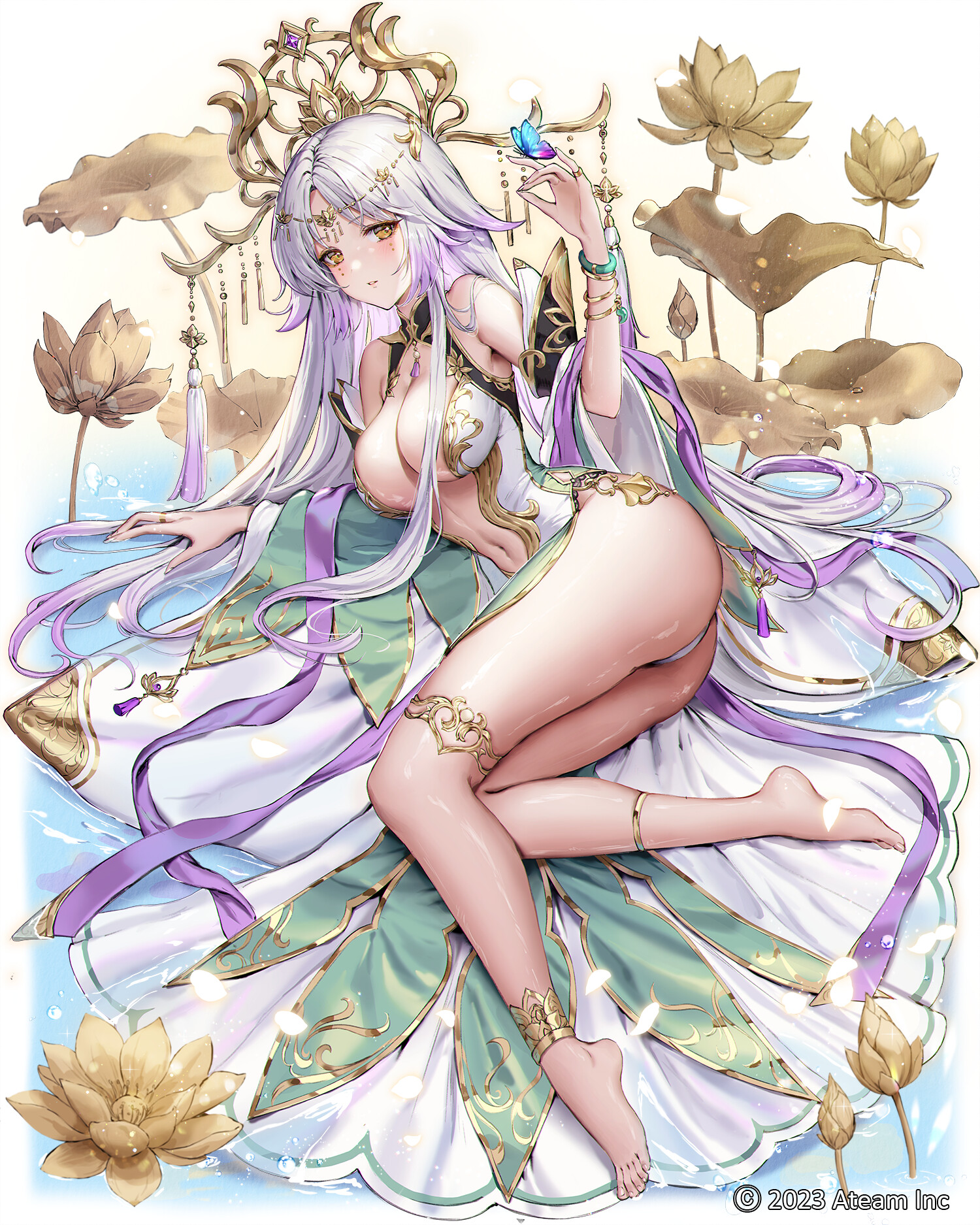 Anime 1500x1875 Jade Moon drawing silver hair legs long hair gold skimpy clothes flowers anime girls portrait display big boobs thighs feet belly button looking at viewer blushing gradient hair two tone hair butterfly ass water