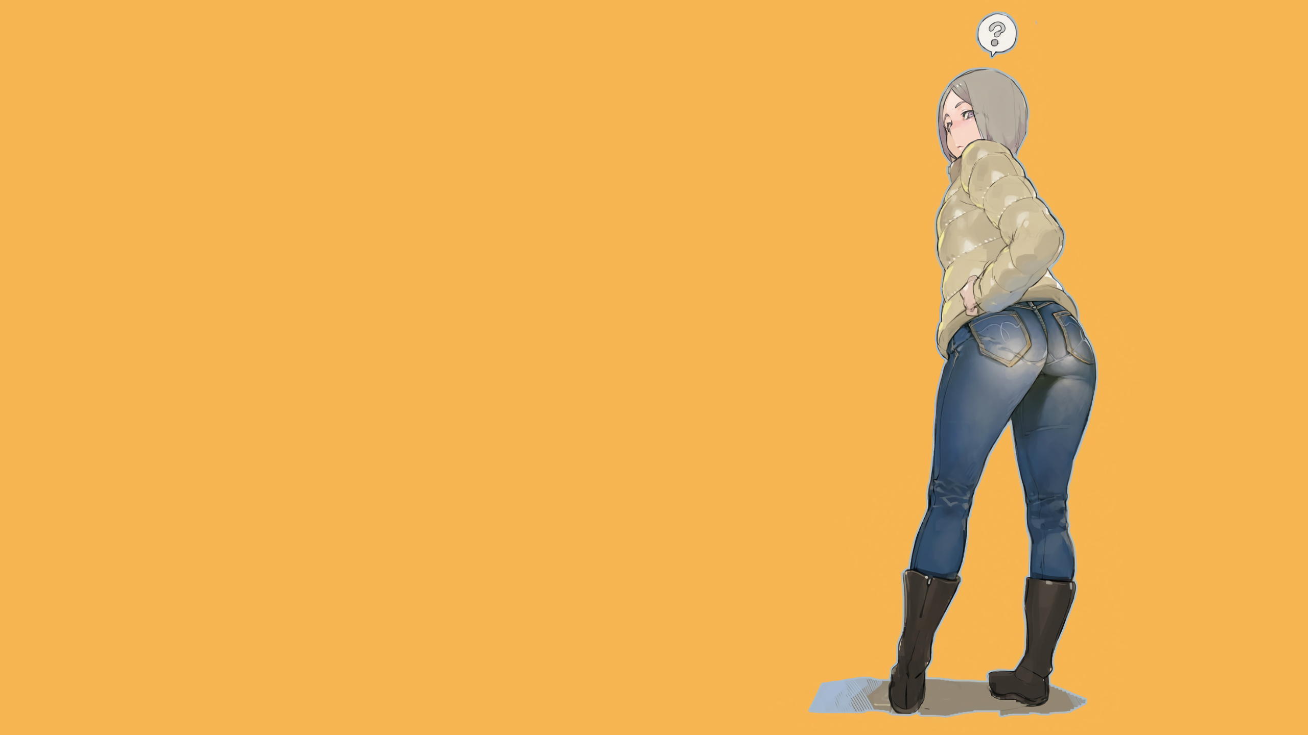 Anime 2560x1440 anime anime girls simple background yellow background minimalism ass thick ass thighs looking at viewer rear view Namaniku ATK question mark looking back