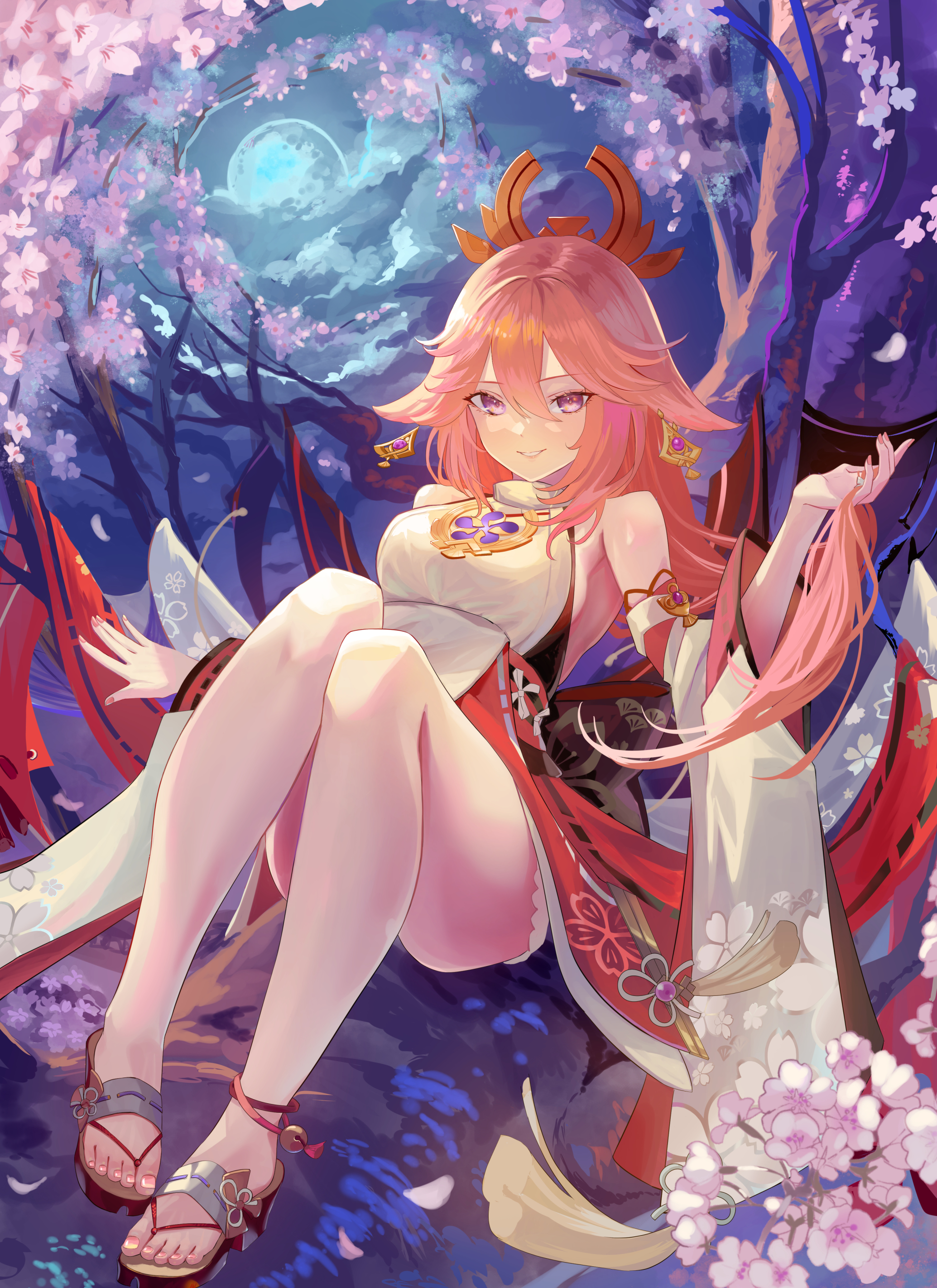 Anime 2069x2844 ItoArtLab anime girls portrait display Genshin Impact Yae Miko (Genshin Impact) long hair pink hair purple eyes smiling Japanese clothes legs jewelry hair ornament looking at viewer thighs cherry blossom flowers branch petals toes feet bare shoulders trees Moon clouds
