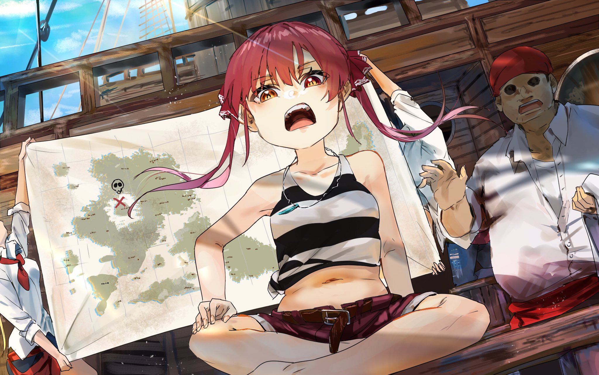 Anime 2048x1284 Virtual Youtuber Hololive Hosho Marine twintails redhead anime girls pirates sunlight necklace loli