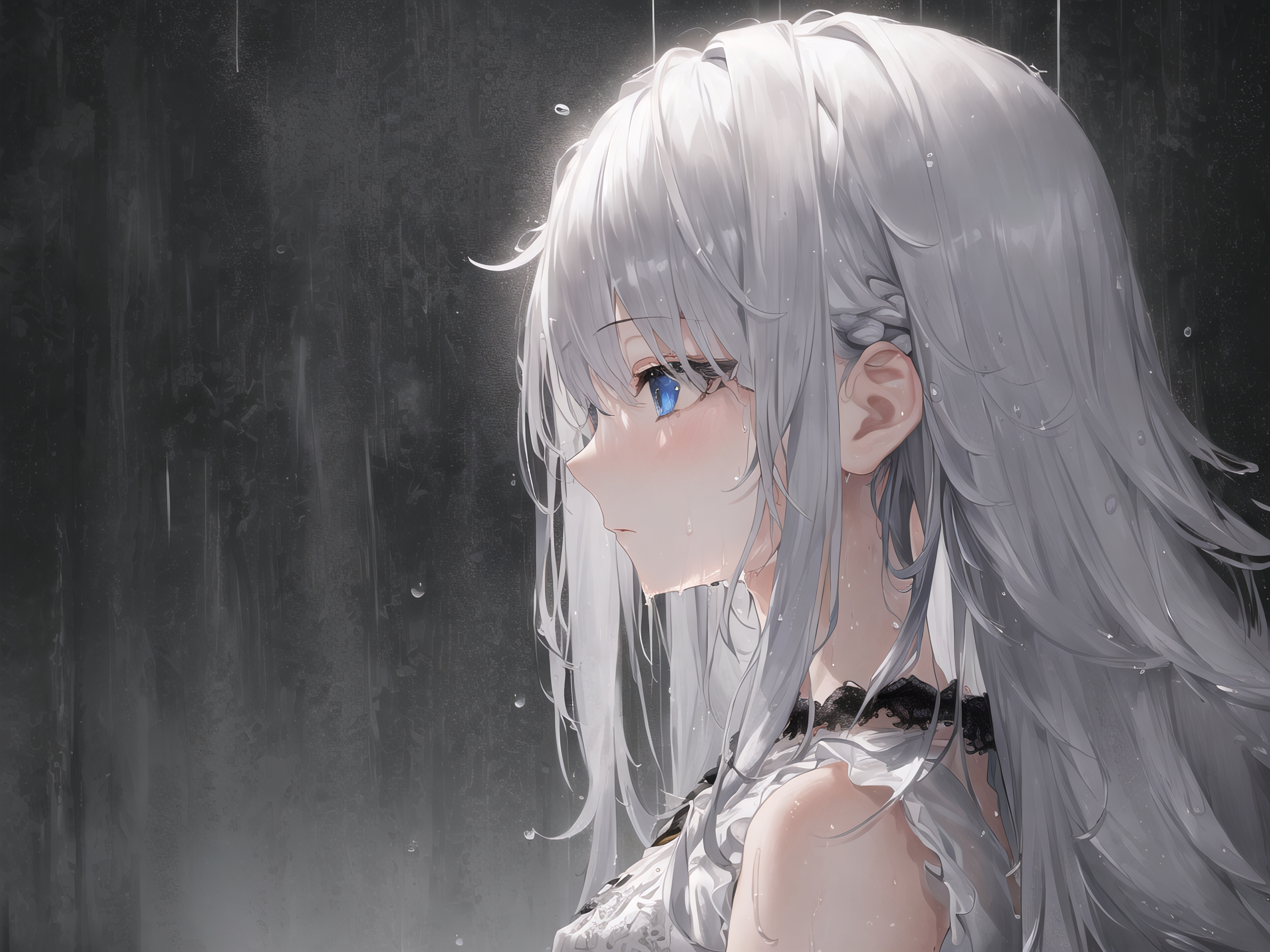 Anime 5120x3840 anime girls blue eyes white hair simple background profile AI art rain