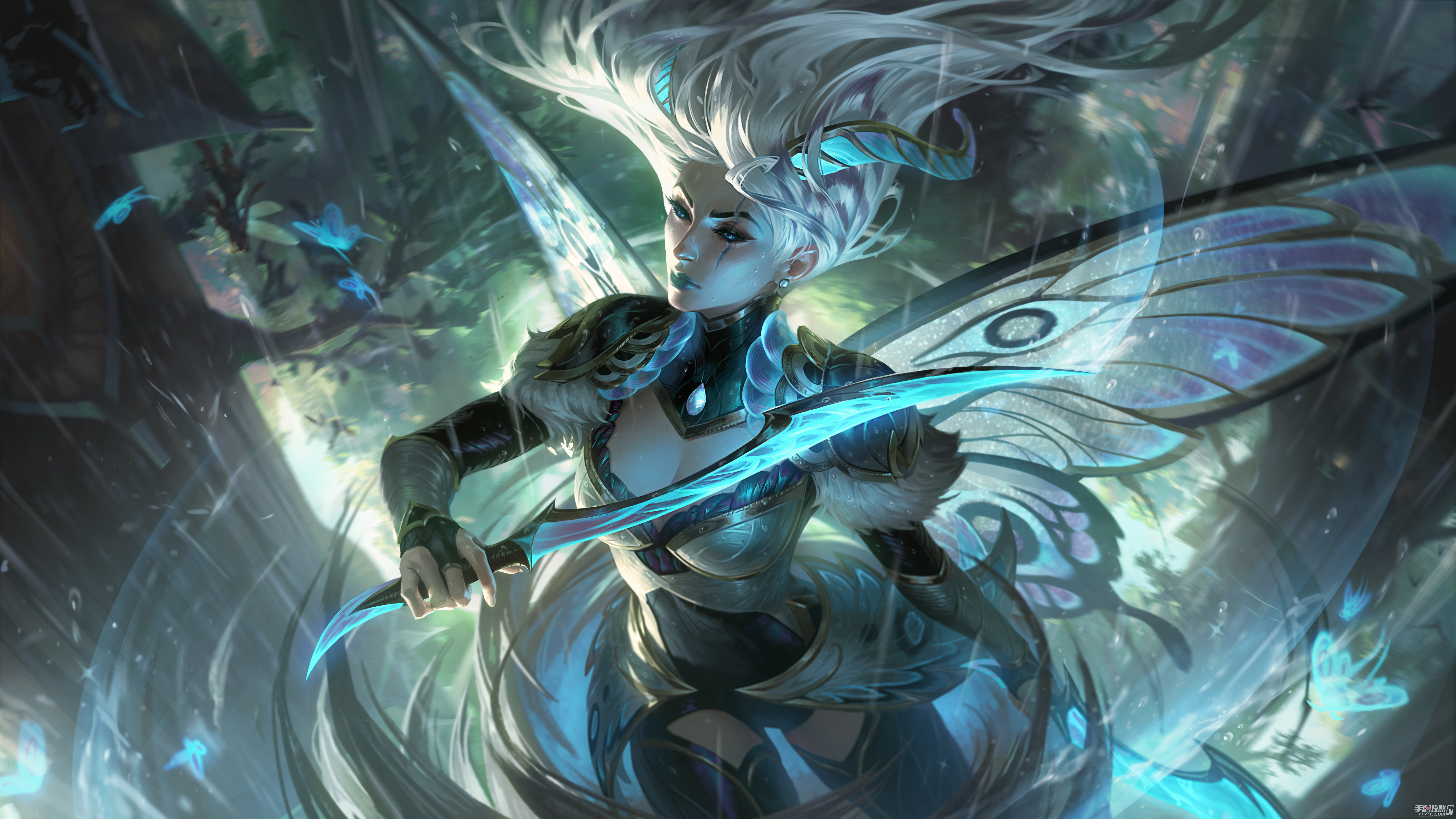 General 6000x3375 League of Legends video game art video games video game characters butterfly wings video game girls weapon scars horns rain Katarina (League of Legends)
