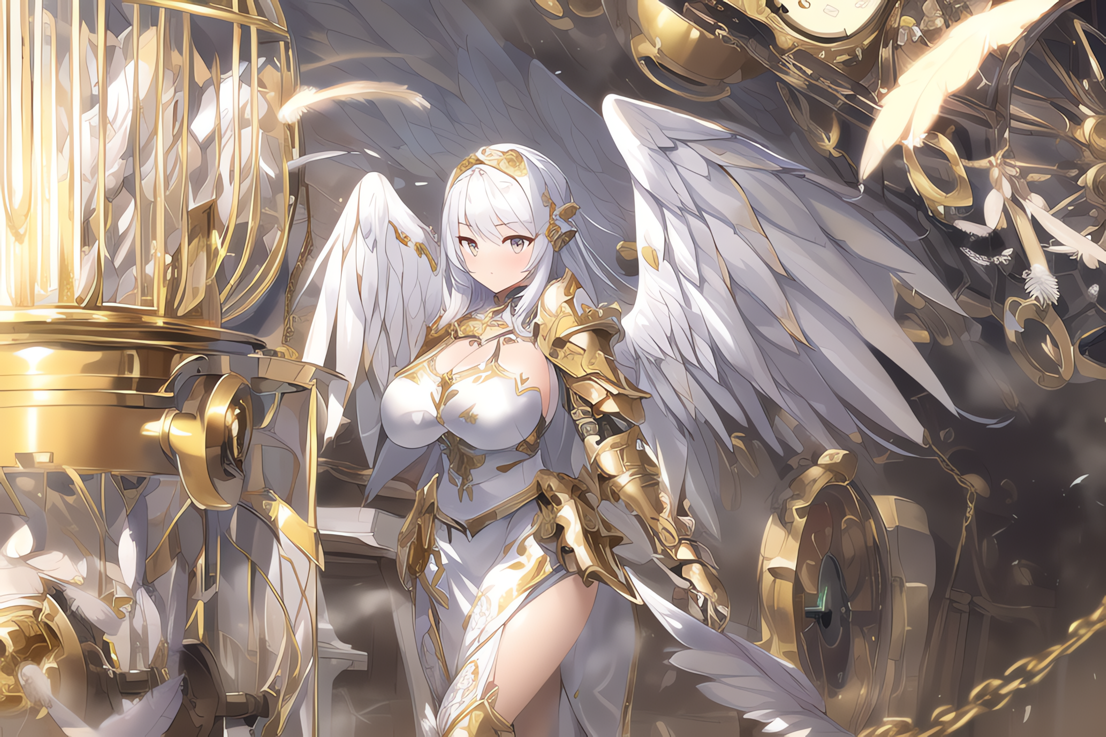 Anime 3840x2560 AI art anime girls armor wings looking at viewer long hair feathers chains