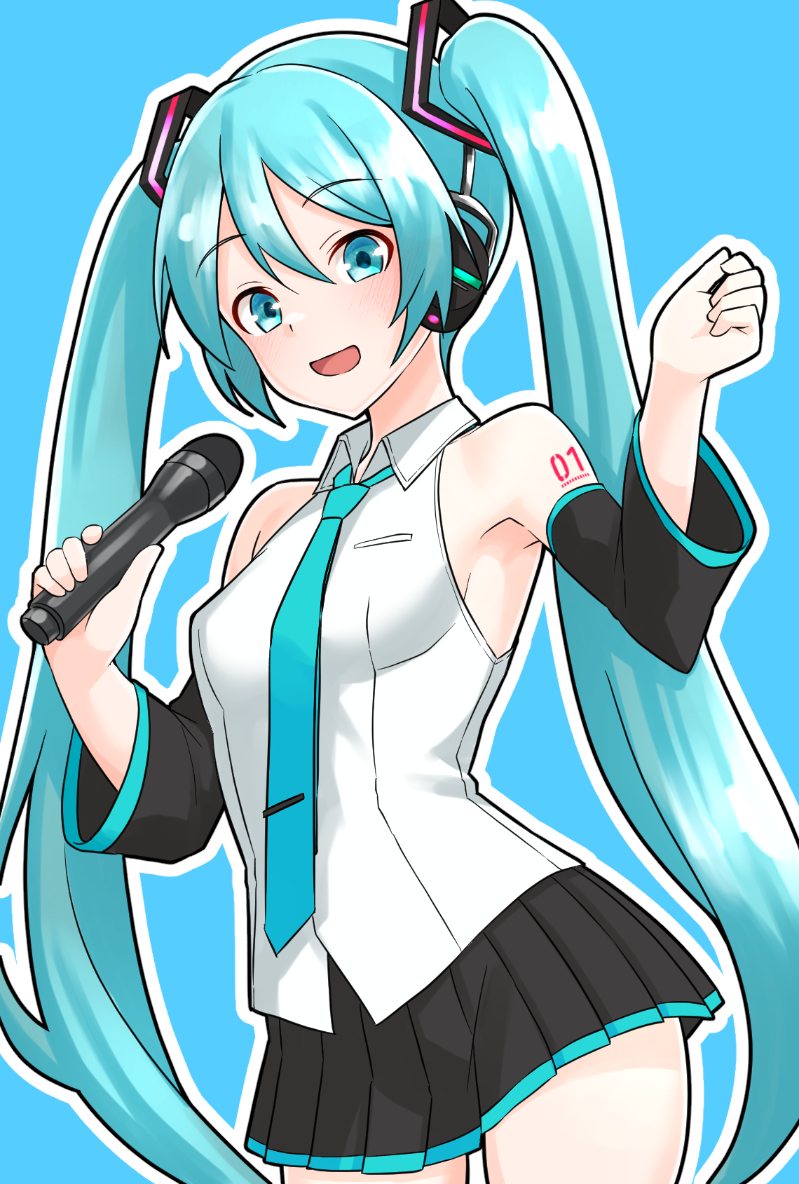 Anime 1140x1689 Hatsune Miku anime girls simple background microphone blue eyes blue hair long hair twintails blue tie blue clothing miniskirt blushing open mouth tattoo black skirts shaved armpit thighs headphones Vocaloid arm warmers looking at viewer frontal view standing digital art anime outline blue background