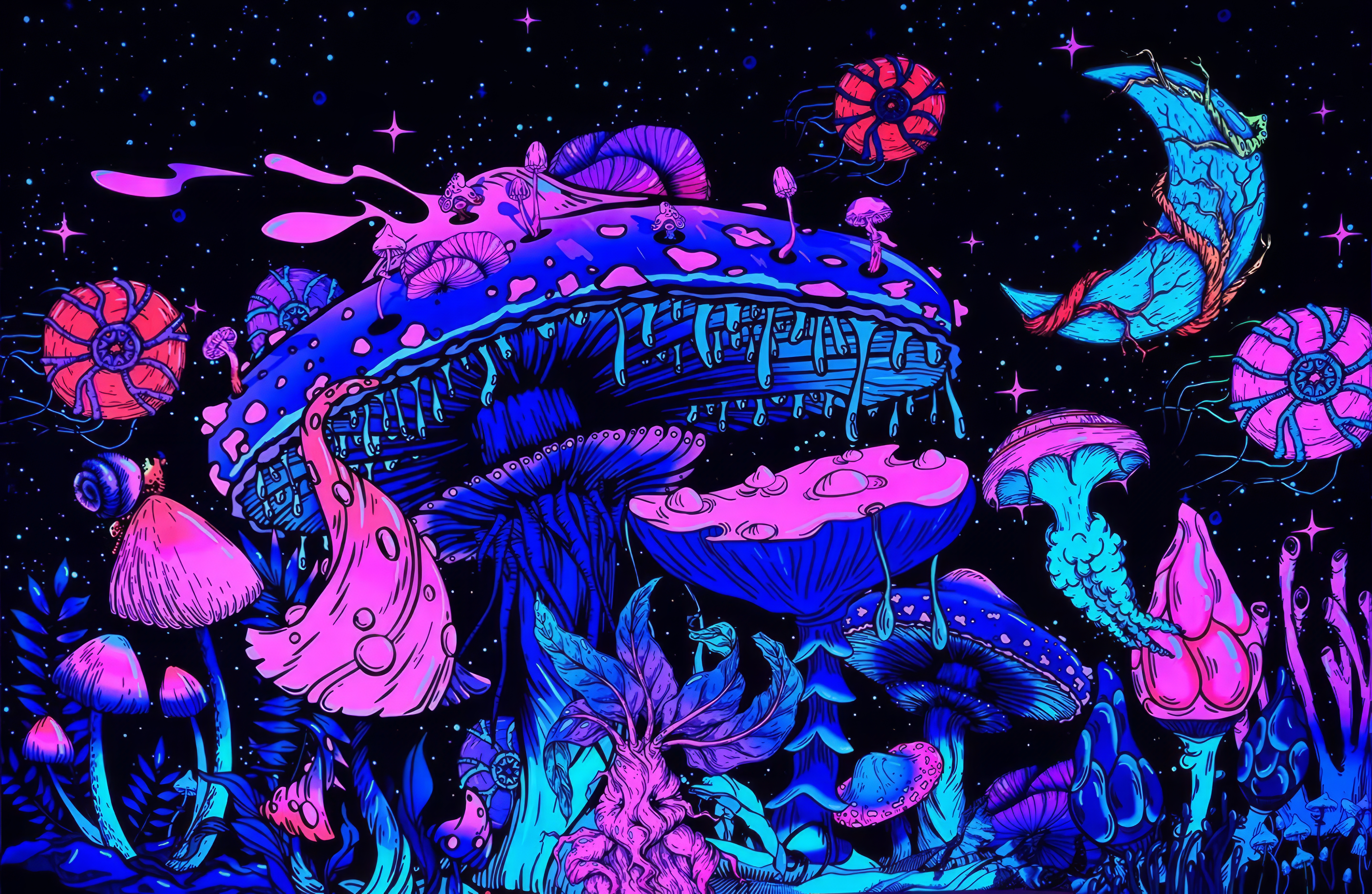 General 4317x2814 mushroom drawn neon pink blue crescent moon psychedelic stars