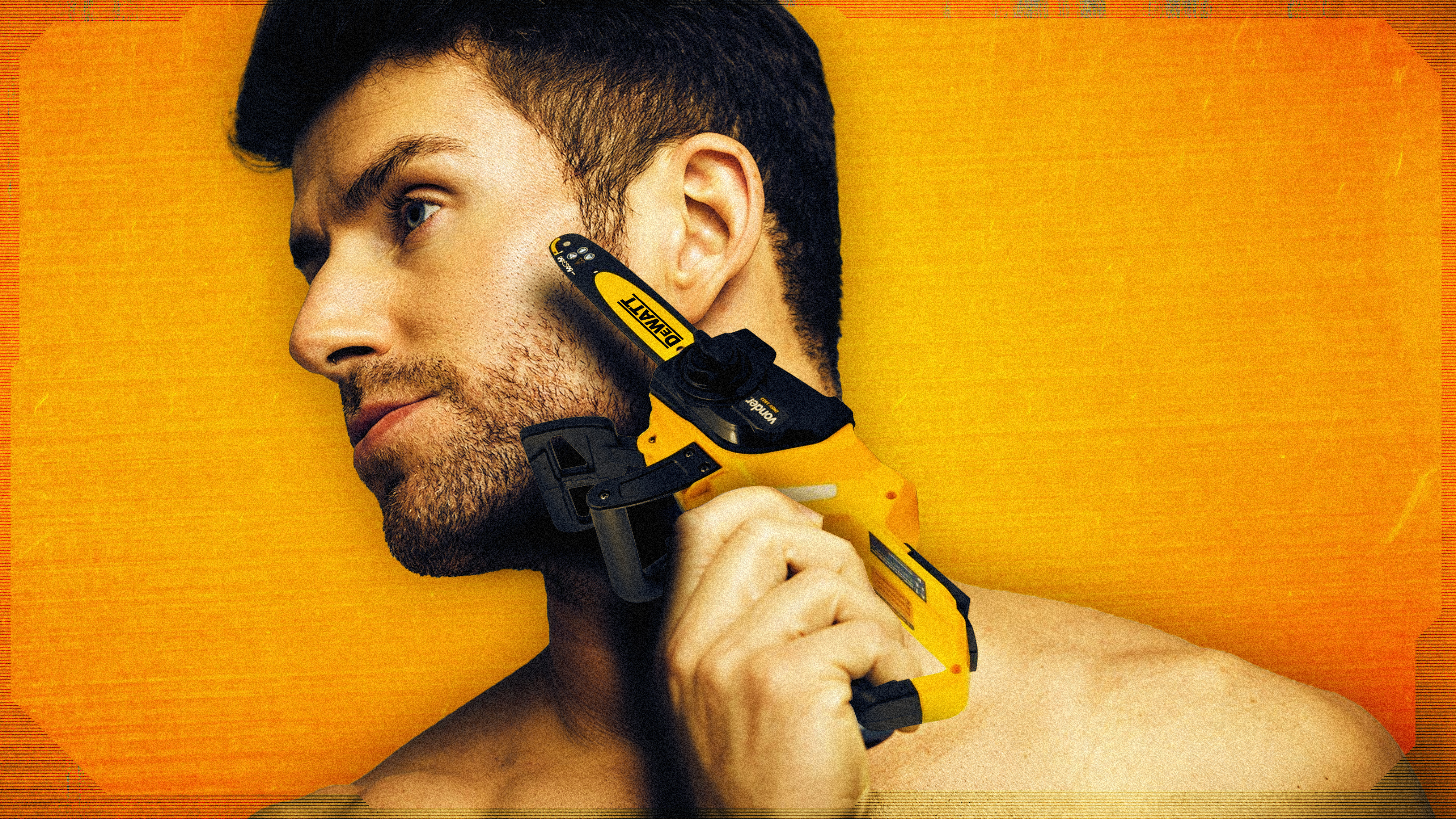 People 4024x2262 photoshopped poster advertisements yellow yellow background technology tools chainsaws artwork digital art photography shaver humor