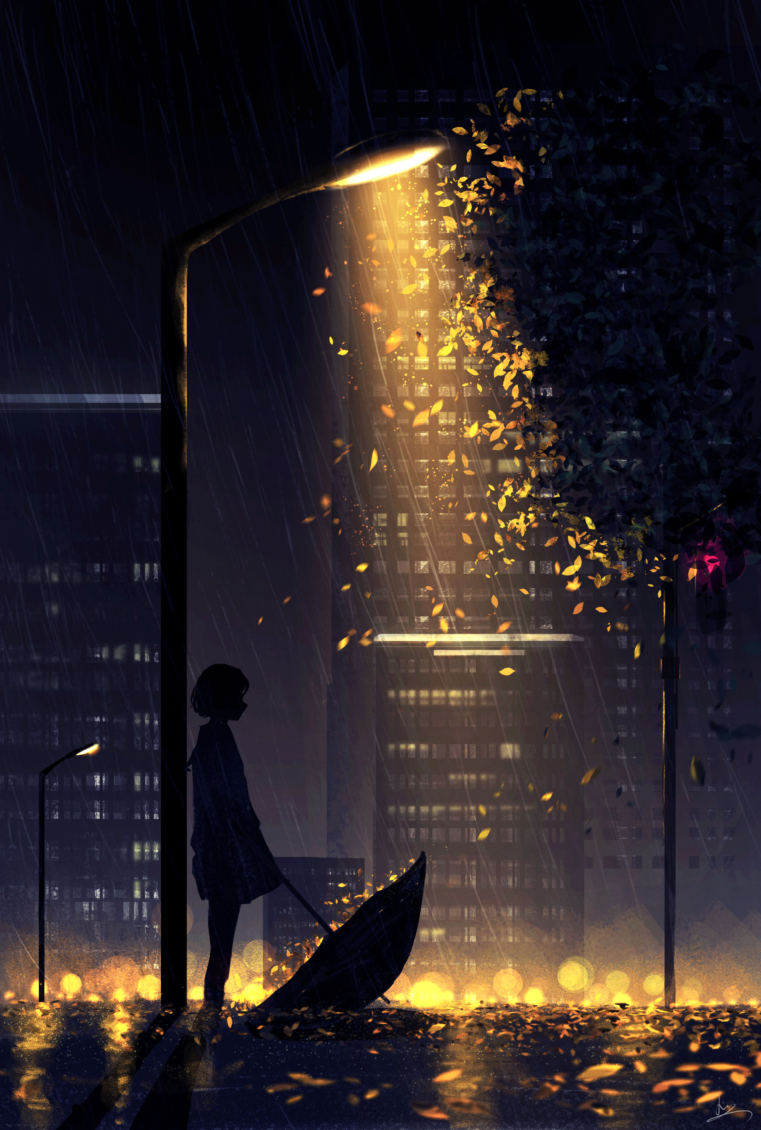 Anime 2880x4278 HuashiJW silhouette short hair umbrella women outdoors rain city lights signature profile building leaves standing night street