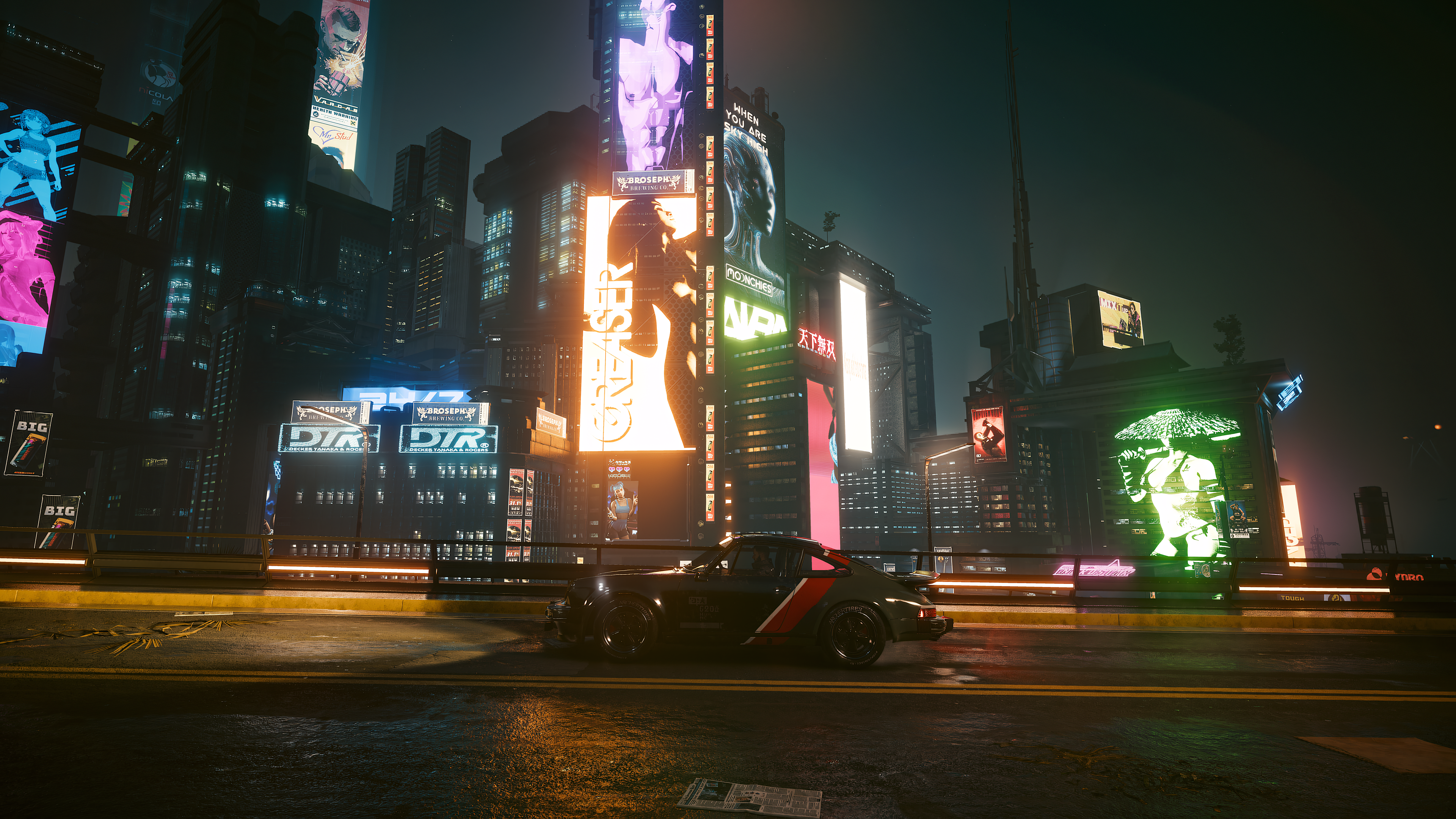 General 3840x2160 Porsche car Cyberpunk 2077 futurism neon video games video game art city road reflection dark night lamp