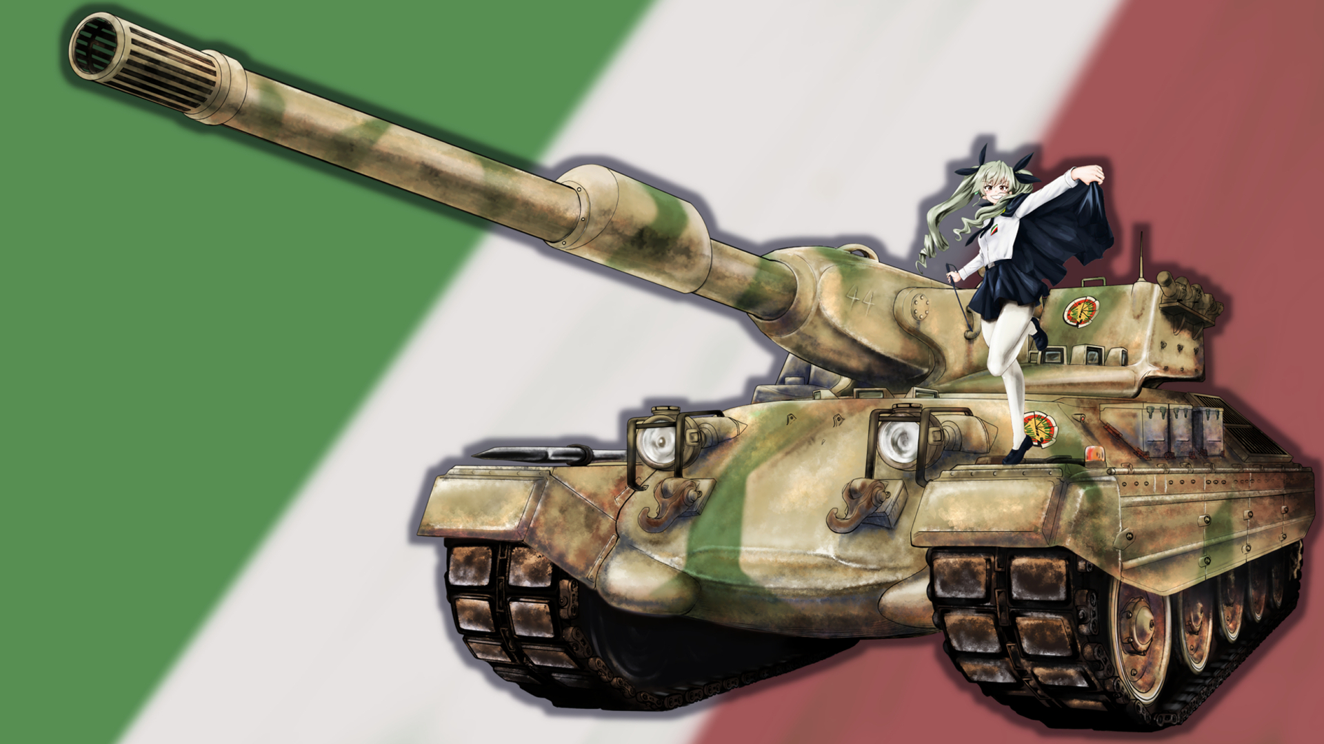 Anime 1920x1080 Anchovy (Girls und Panzer) Girls und Panzer tank Italian flag smiling anime girls drill hair green hair military