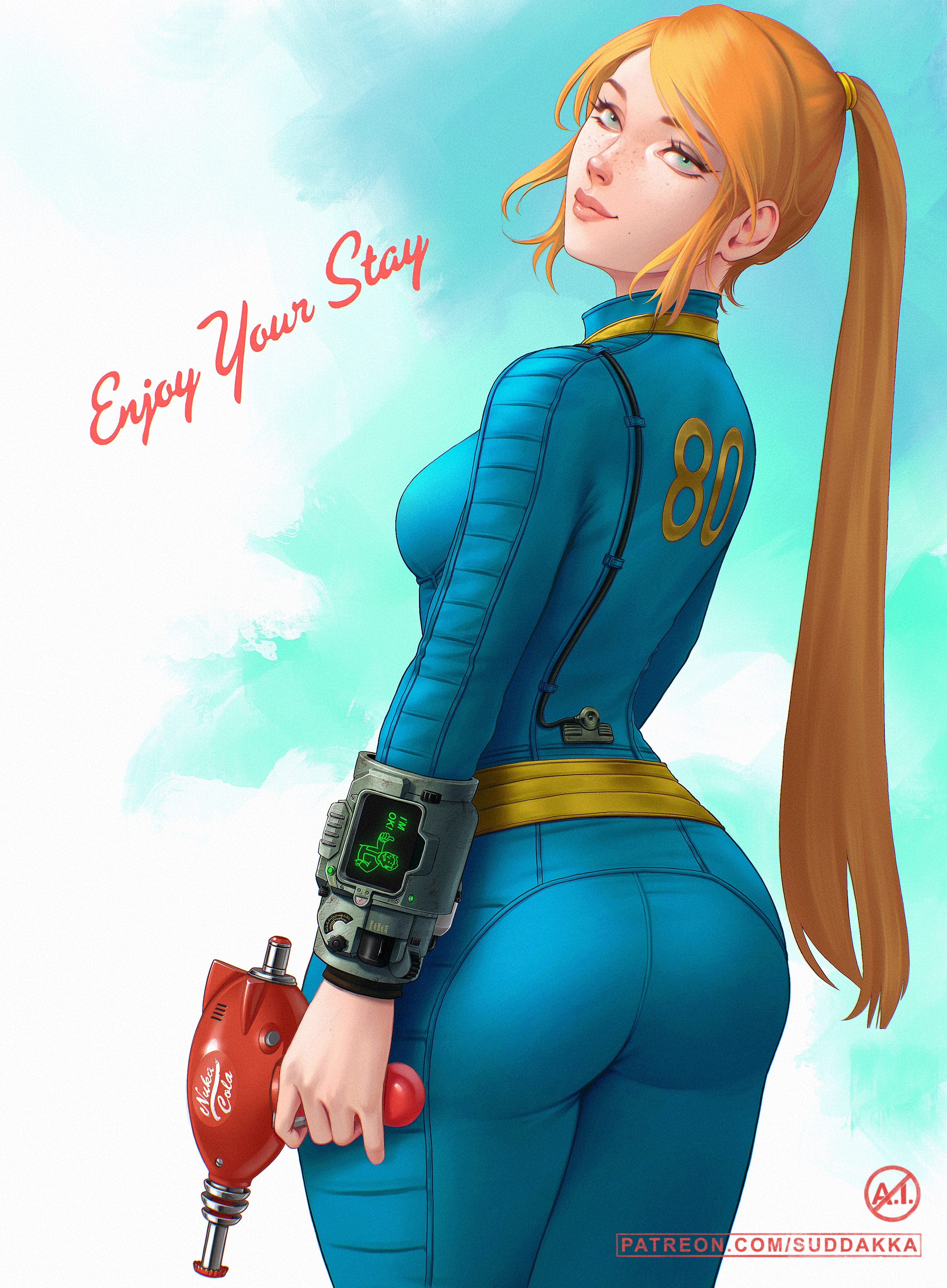 General 3011x4096 video game art Fallout vault girl fictional character Vault Dweller video game girls Suddakka looking at viewer watermarked ass standing rear view rear view thighs together side ponytail Vault Jumpsuit looking back closed mouth long hair simple background
