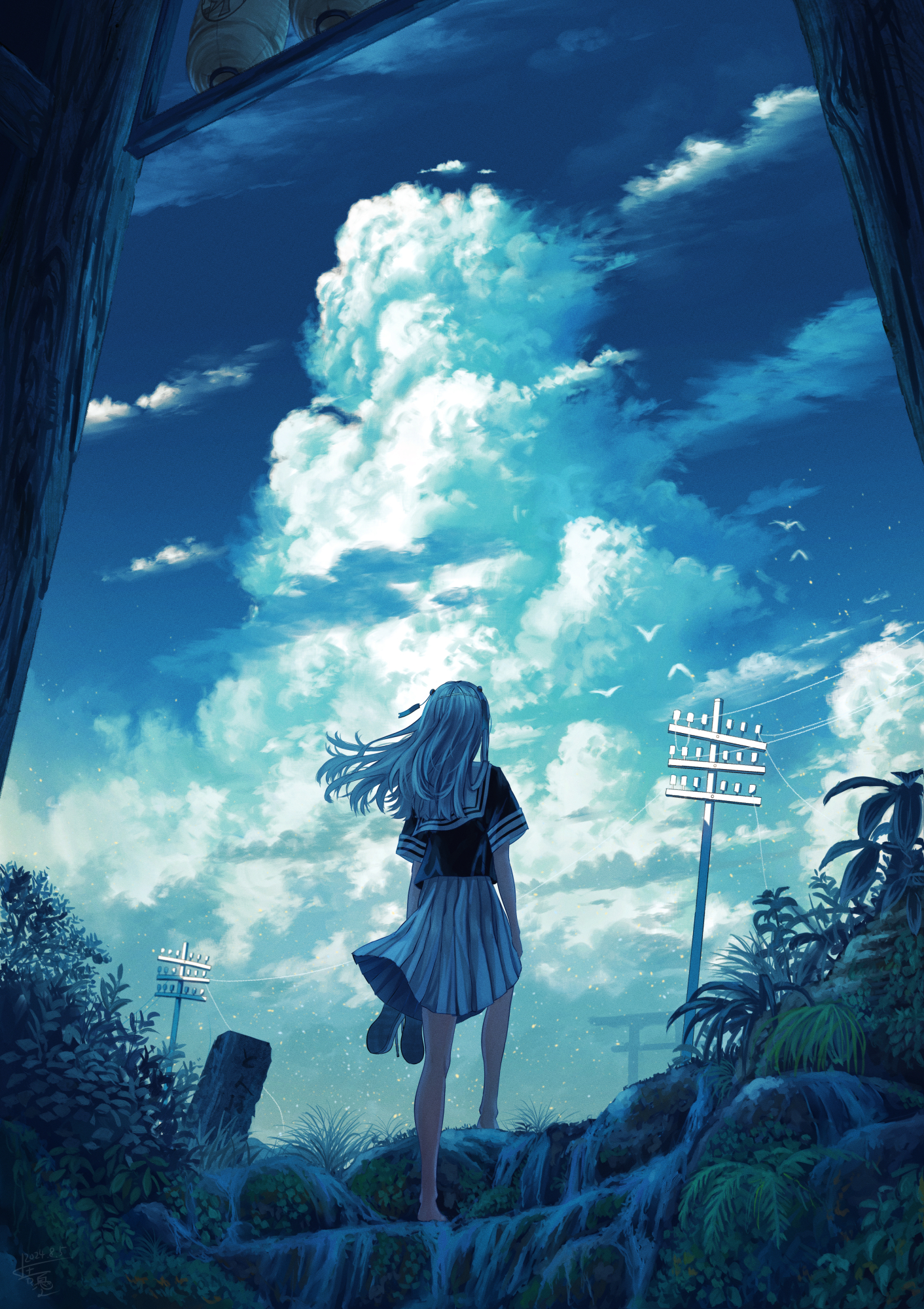 Anime 1412x2000 Shuu Illust utility pole portrait display long hair schoolgirl school uniform power lines short sleeves women outdoors summer barefoot sky grass