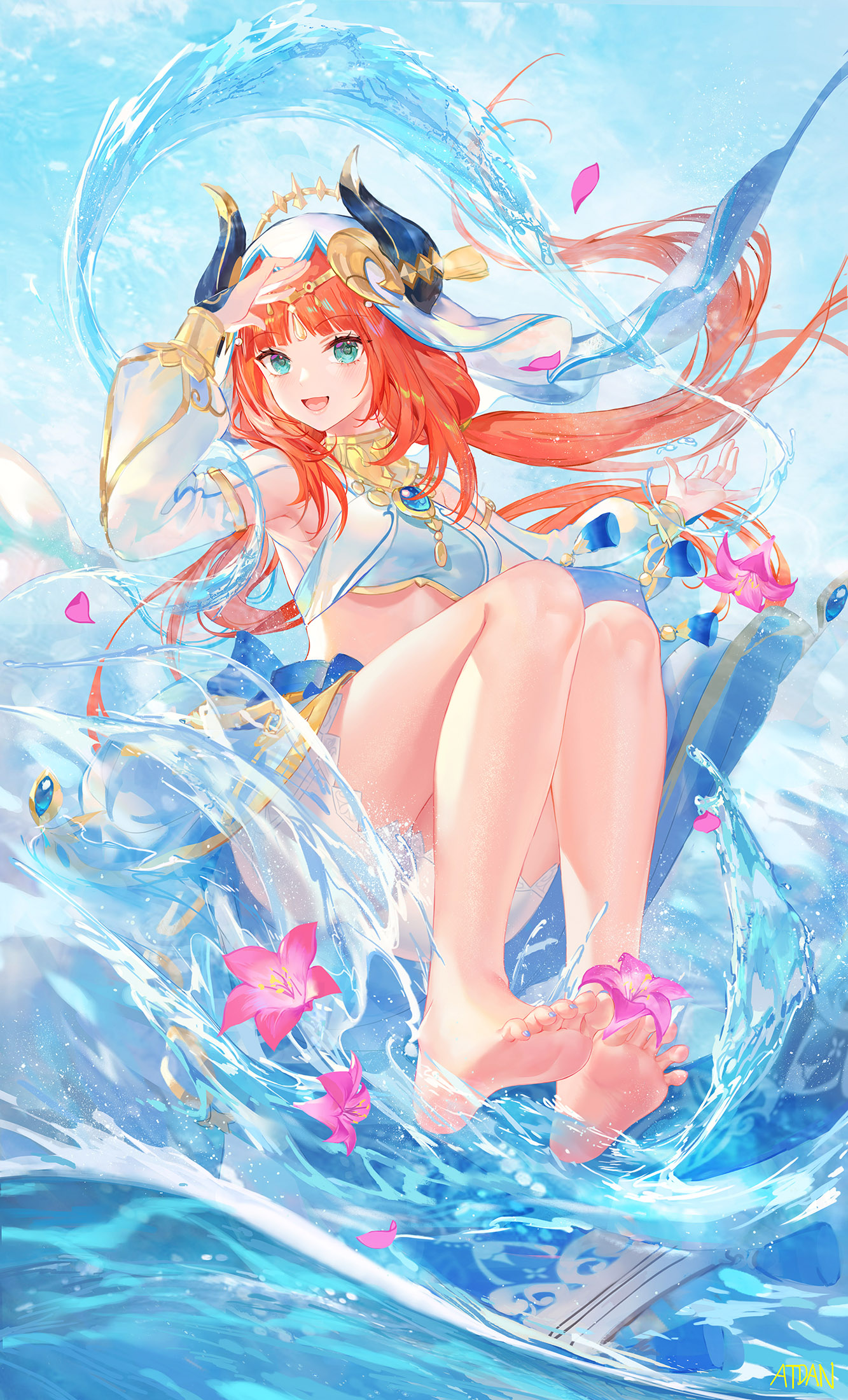 Anime 1333x2200 Atdan anime girls Nilou (Genshin Impact) Genshin Impact redhead horns water flowers swimwear feet foot sole anime