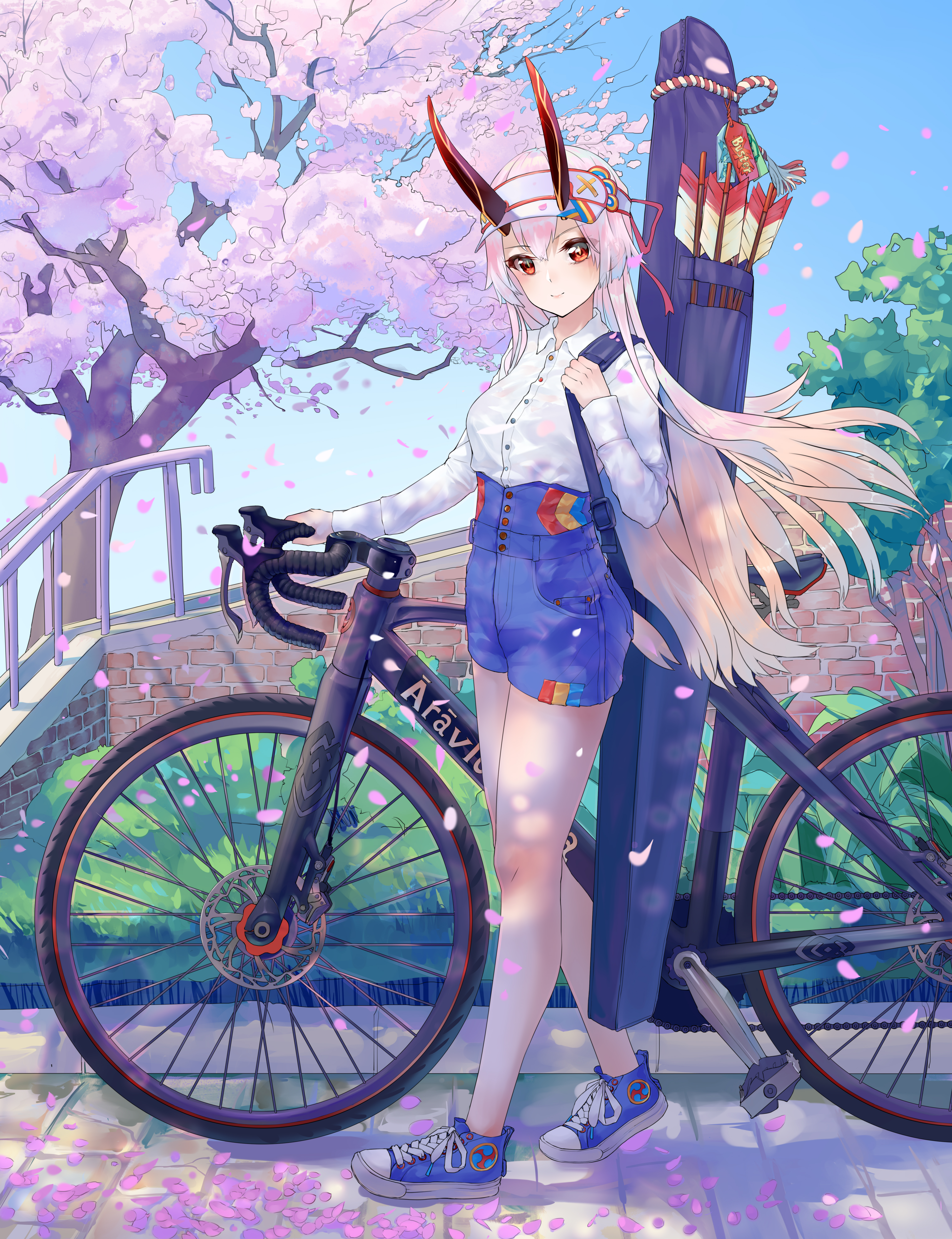 Anime 4562x5935 Fate/Grand Order Tomoe Gozen (Fate/Grand Order) anime girls bicycle petals red eyes arrows Fate series