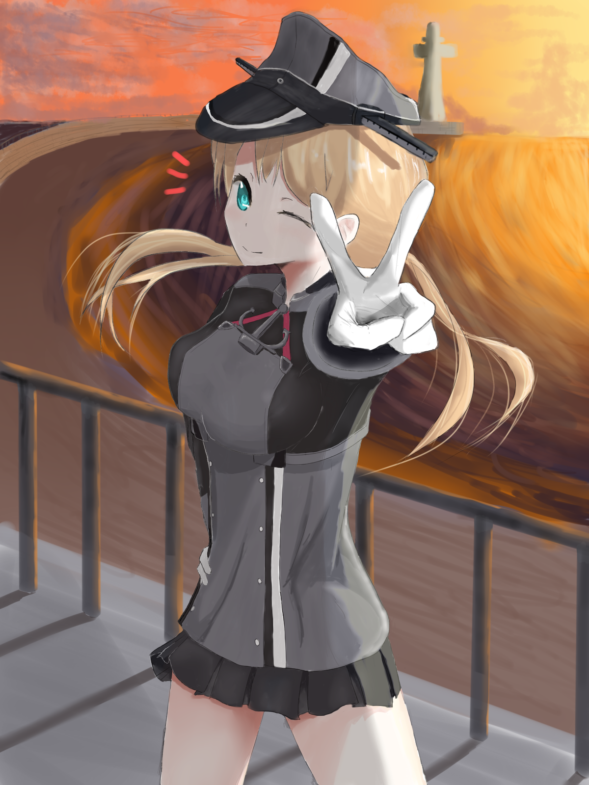 Anime 1200x1600 anime anime girls Kantai Collection Prinz Eugen (KanColle) twintails blonde solo artwork digital art fan art hat peace sign
