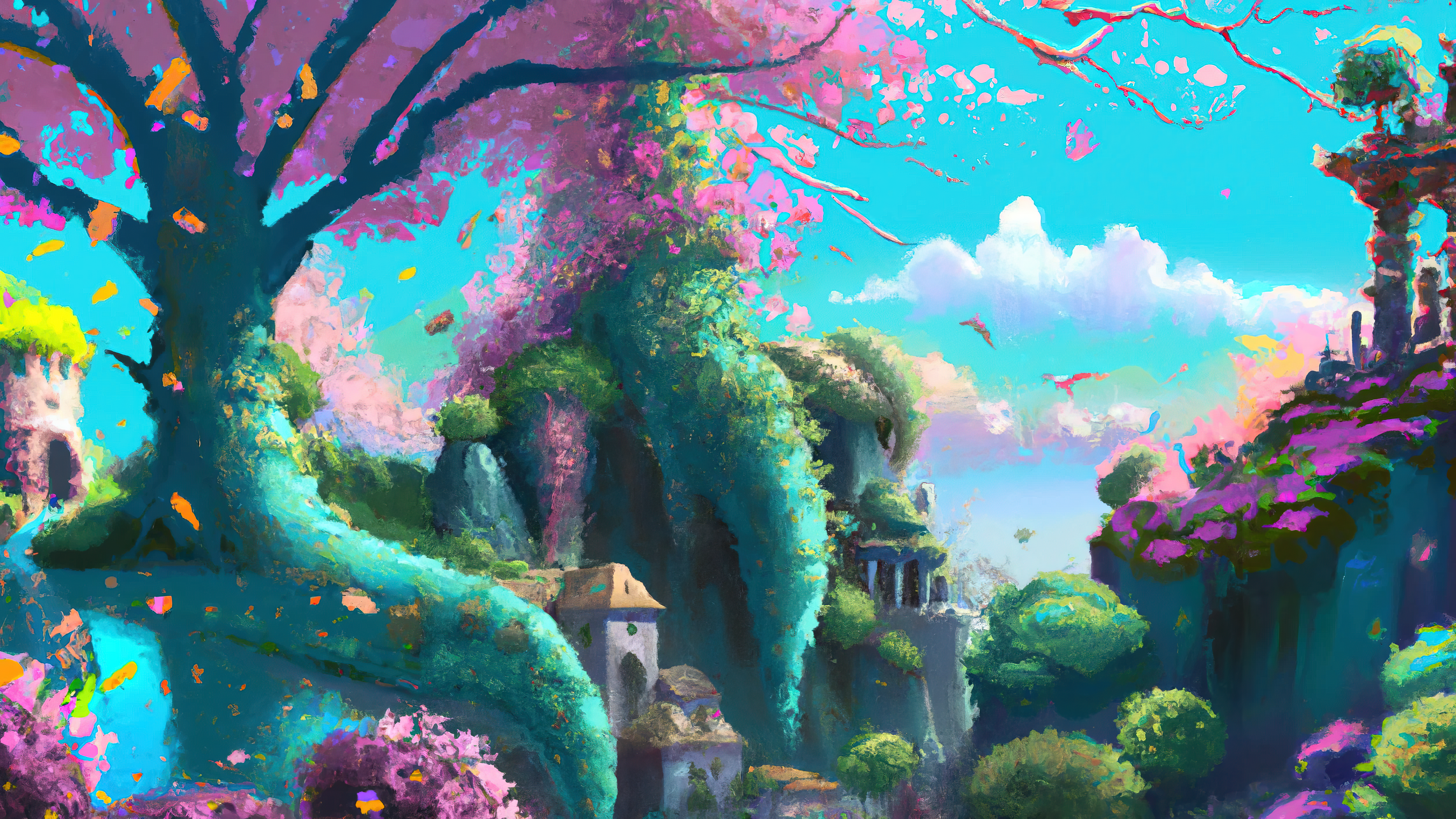 General 3840x2160 AI art painting fantasy art garden flowers cherry blossom nature landscape trees