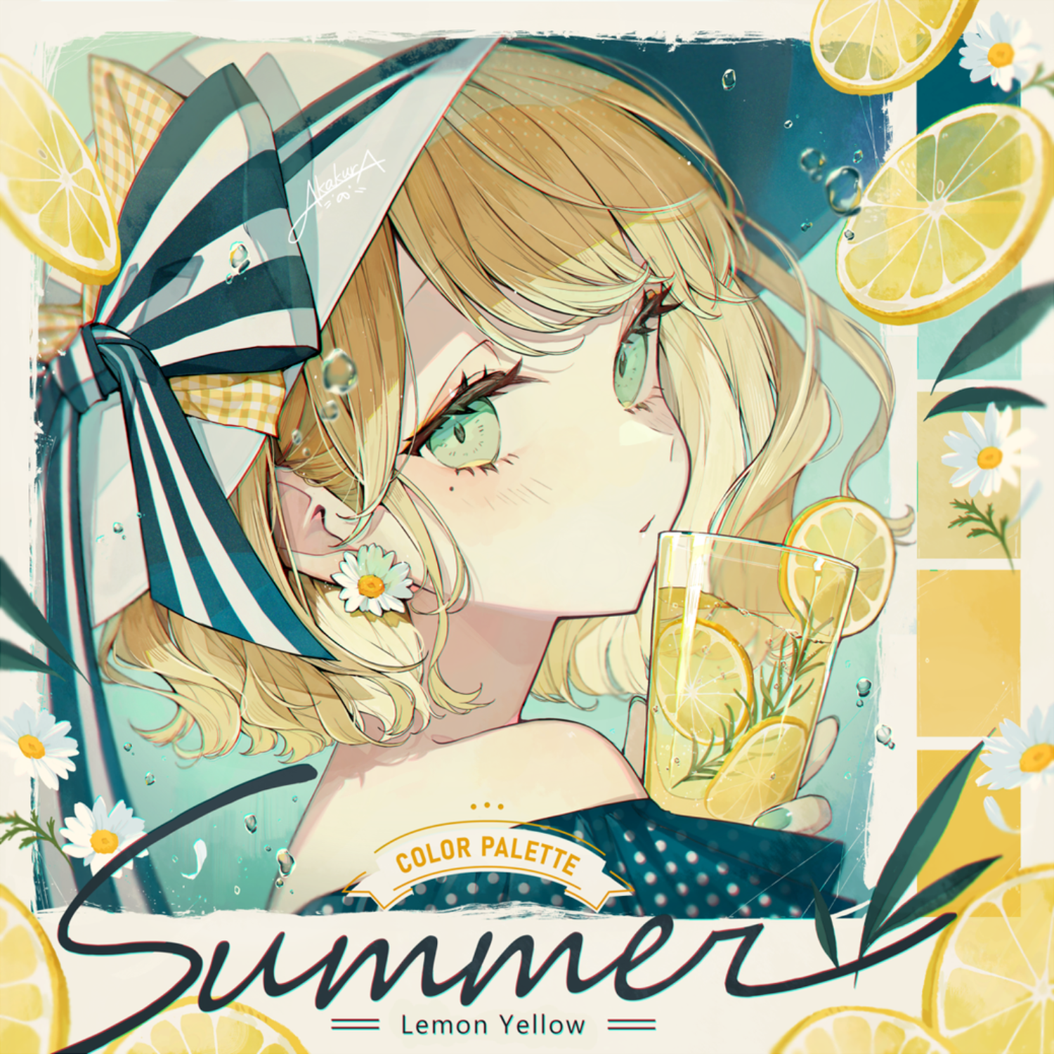 Anime 1500x1500 Akakura anime girls Pixiv blonde green eyes lemons drink hat flowers
