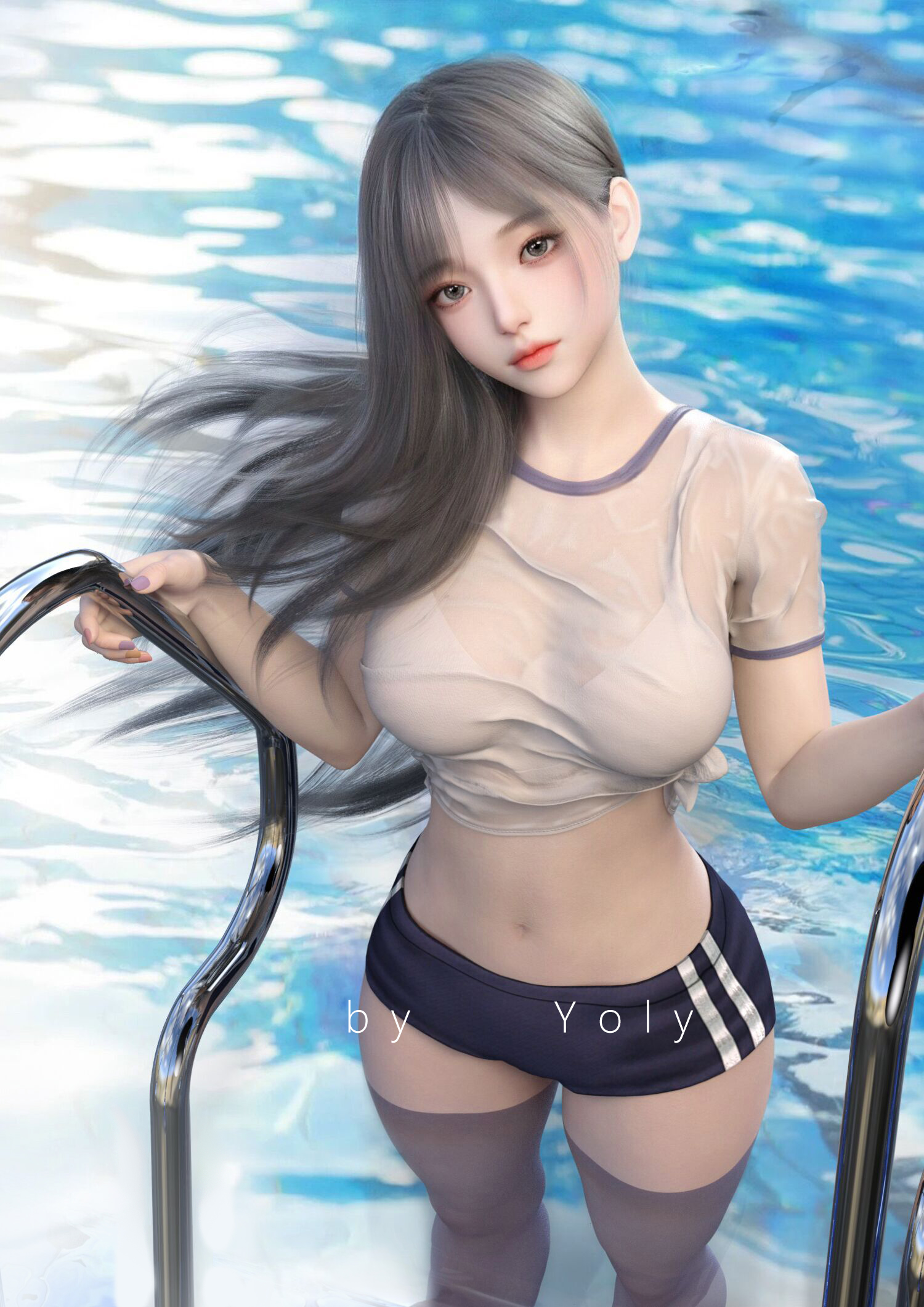 General 1500x2121 Yoly Asian swimming pool CGI digital art women standing in water water gym clothes