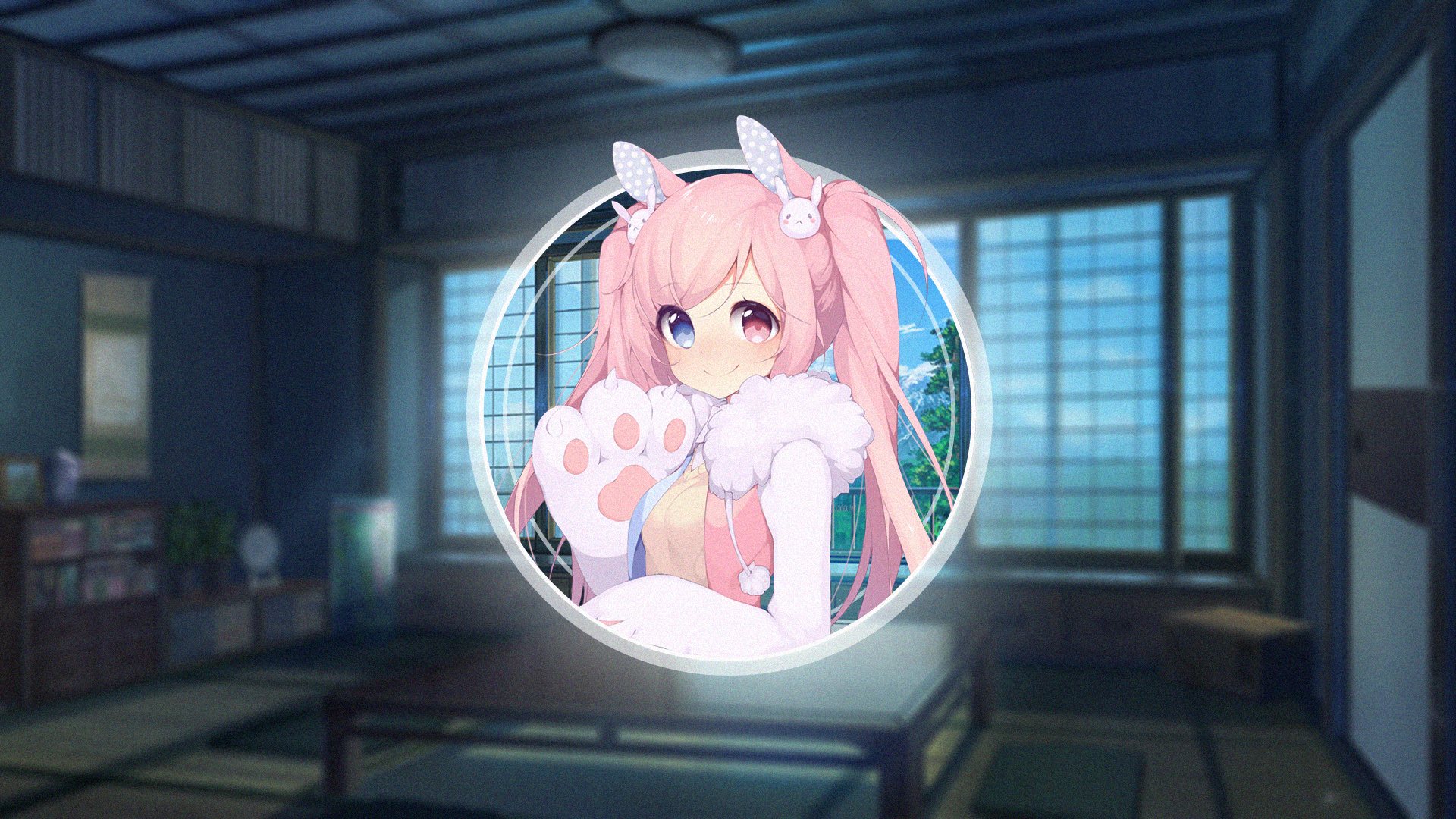 Anime 1920x1080 picture-in-picture anime anime girls bunny ears pink hair bunny girl bunny suit tie twintails loli 2D heterochromia paws