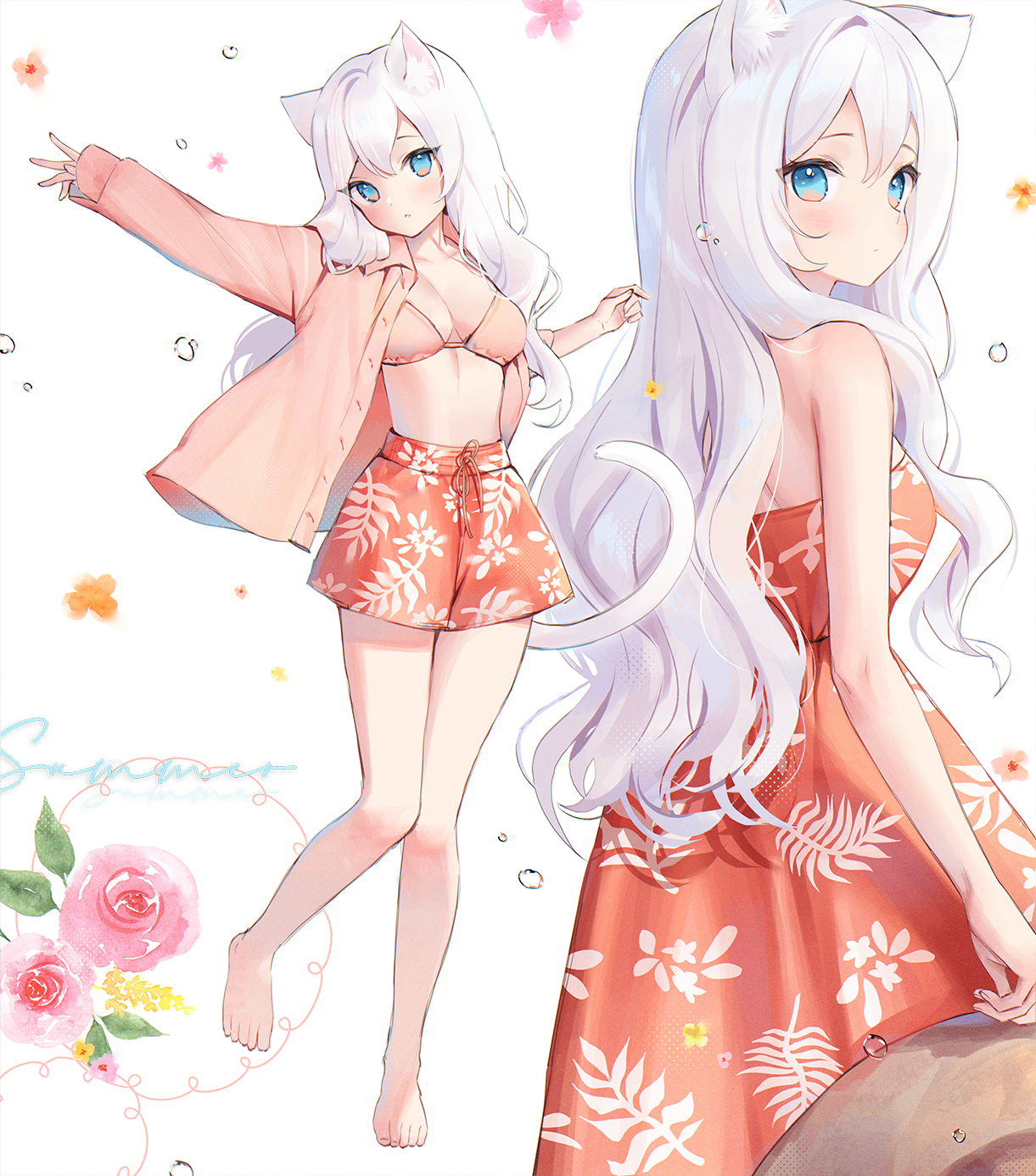 Anime 1221x1386 anime anime girls digital art 2D looking at viewer belly belly button portrait portrait display Pixiv petite white hair cat girl blue eyes cat ears flowers