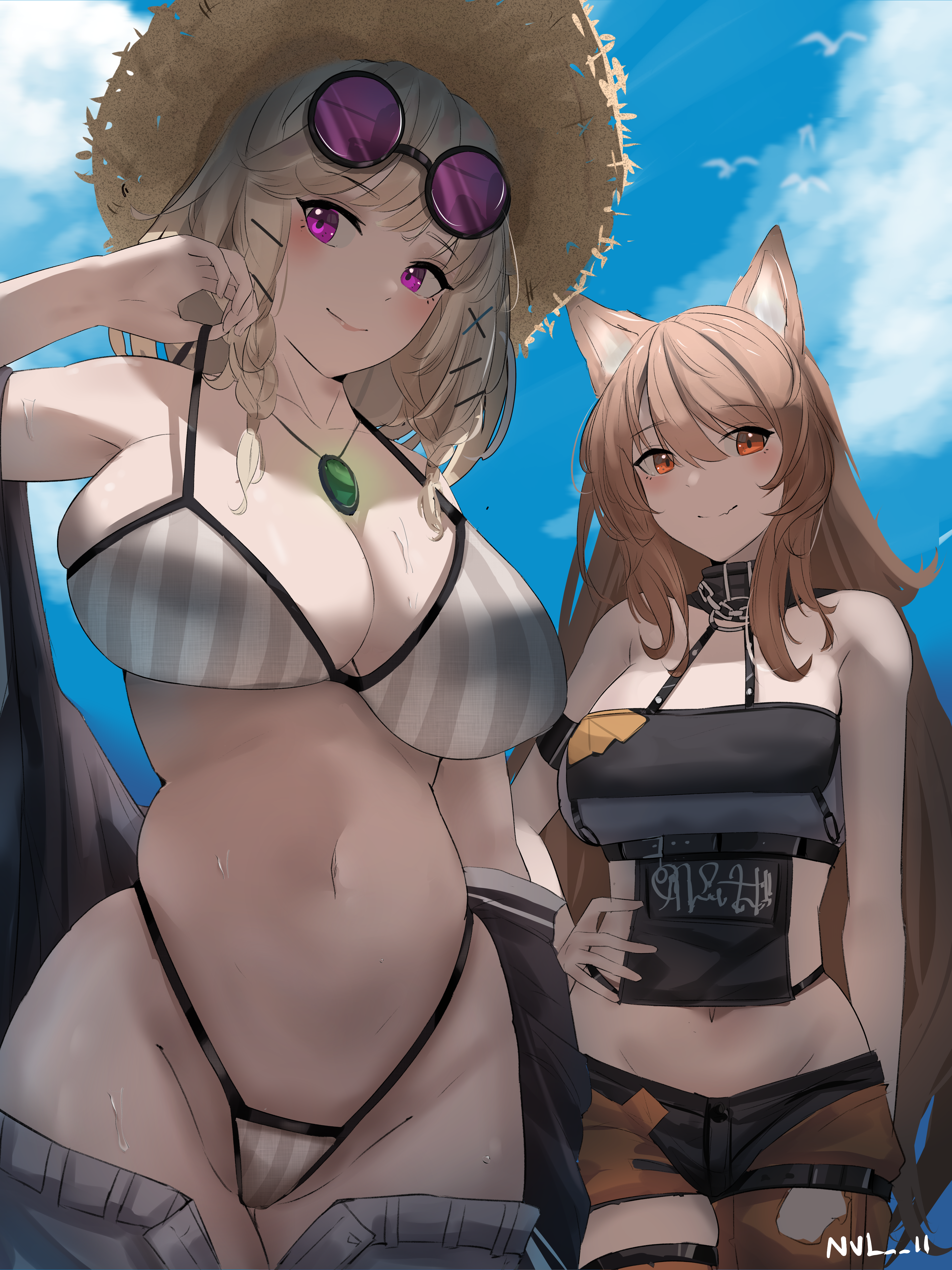 Anime 3825x5096 bikini Ceobe (Arknights) Utage (Arknights) Arknights straw hat hat fox girl fox ears big boobs belly sunglasses anime girls Nvl