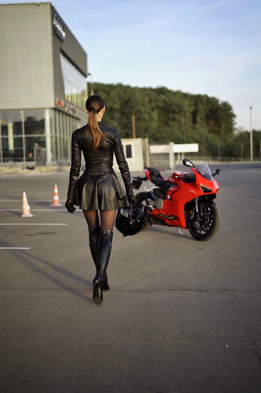 People 851x1280 motorcycle heels leather skirts boots leather jacket women Ducati