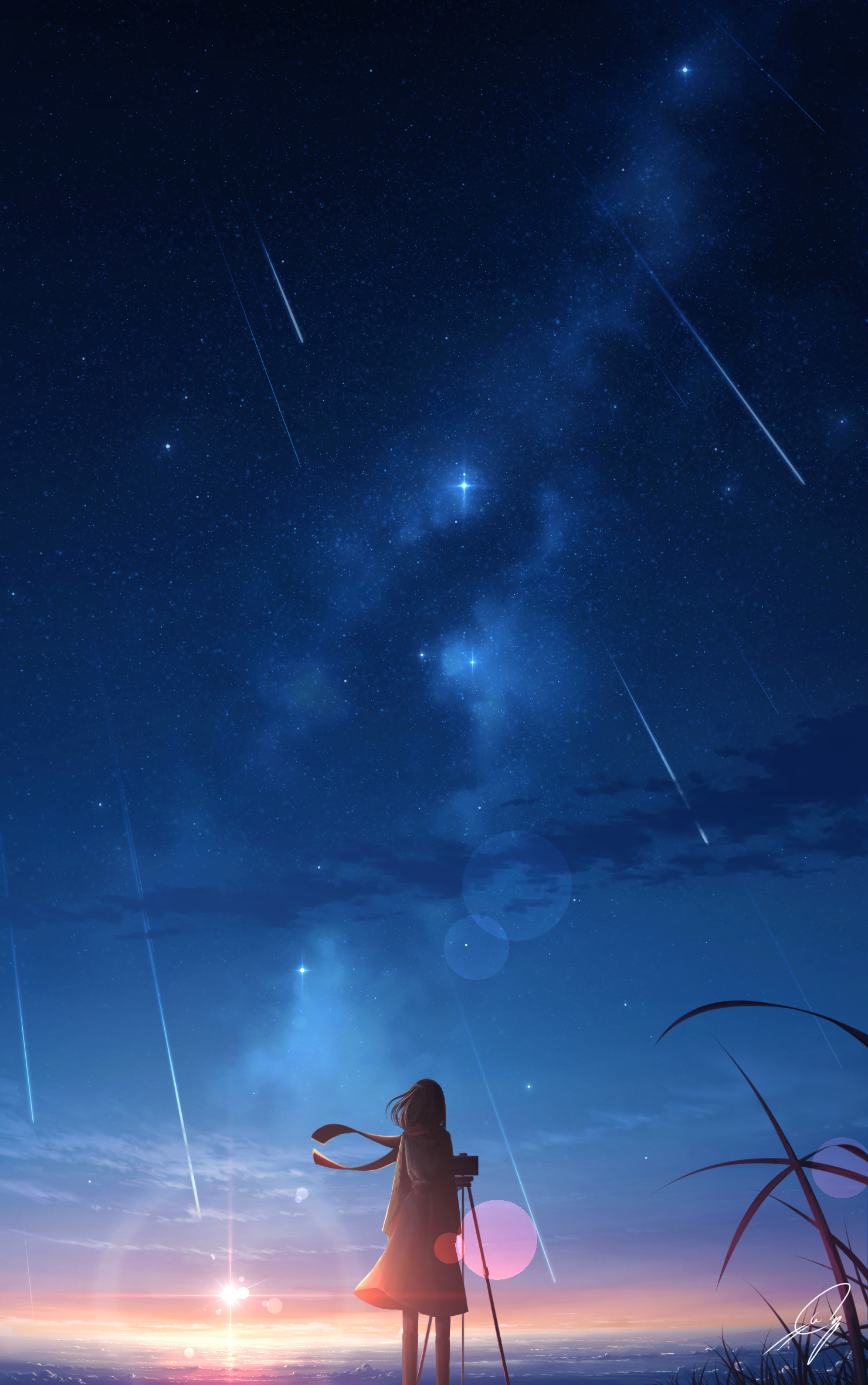 Anime 1480x2360 anime girls portrait display stars starry night sky sunset