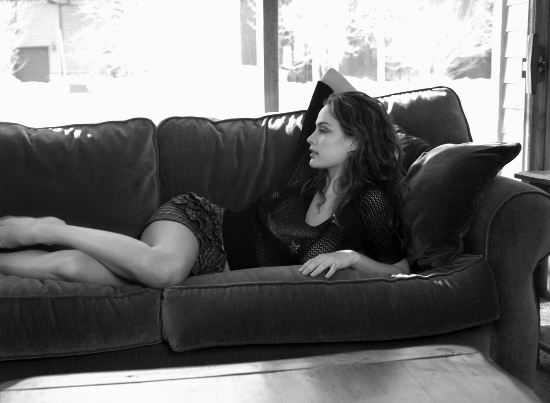 People 1920x1406 Josie Maran women model monochrome looking away lying on couch see-through blouse barefoot black bras skirt