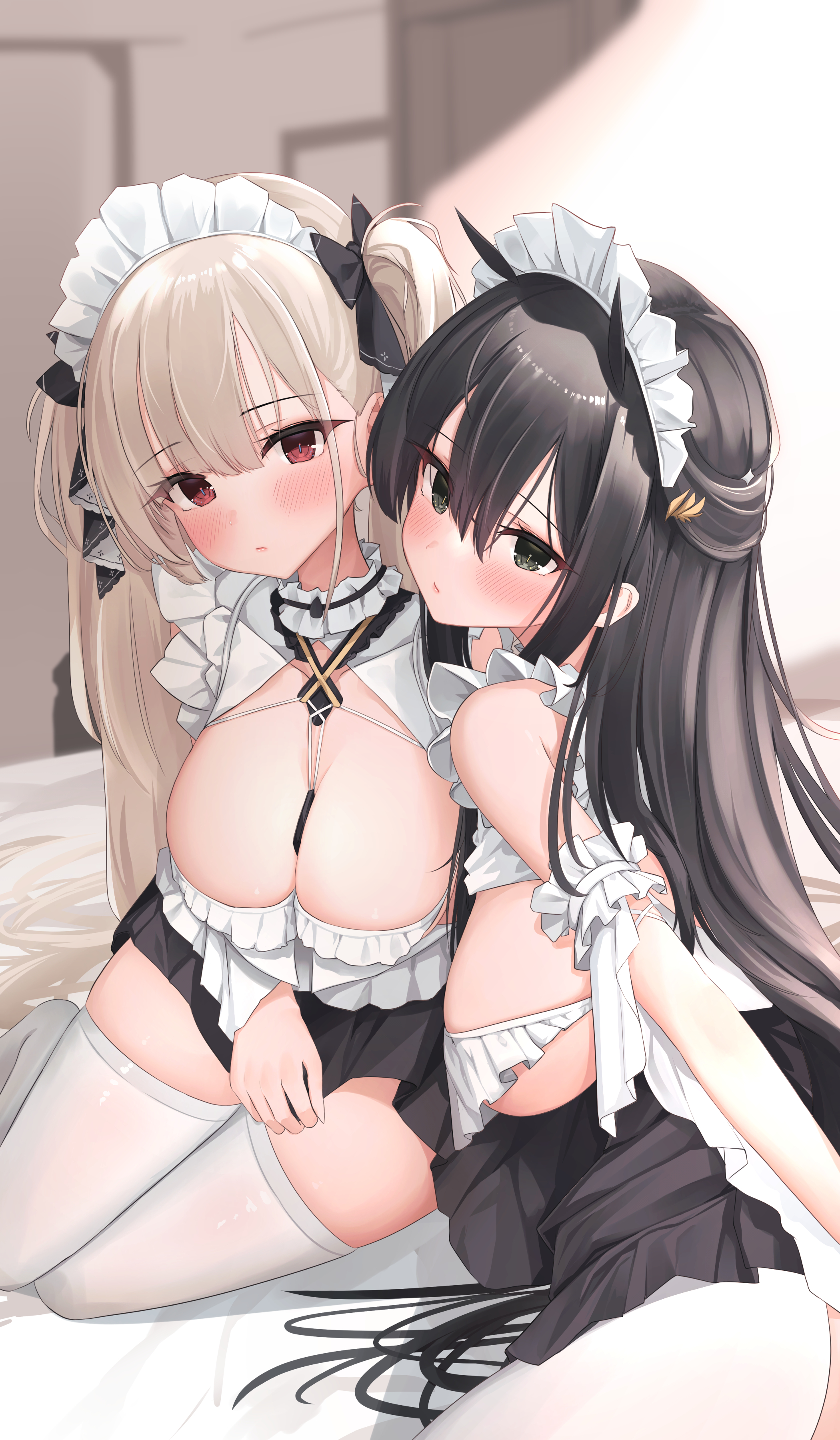 Anime 2100x3600 Azur Lane anime girls boobs portrait display stockings cleavage blushing maid maid outfit Formidable (Azur Lane) Indomitable (Azur Lane)