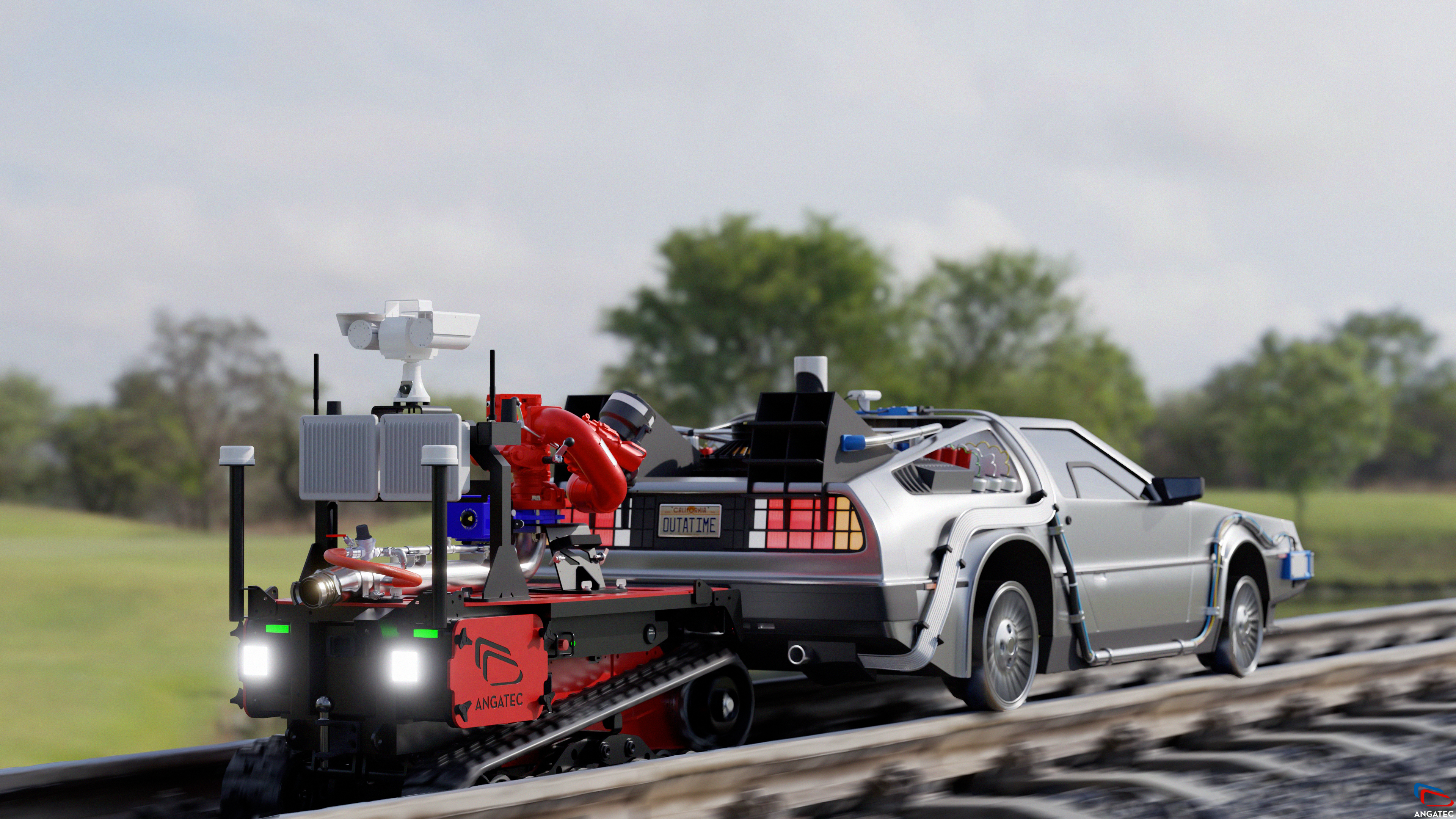 General 3840x2160 DeLorean Back to the Future III (Movie) Back to the Future firefighter robot TEC800 angatec Blender licence plates futuristic digital art