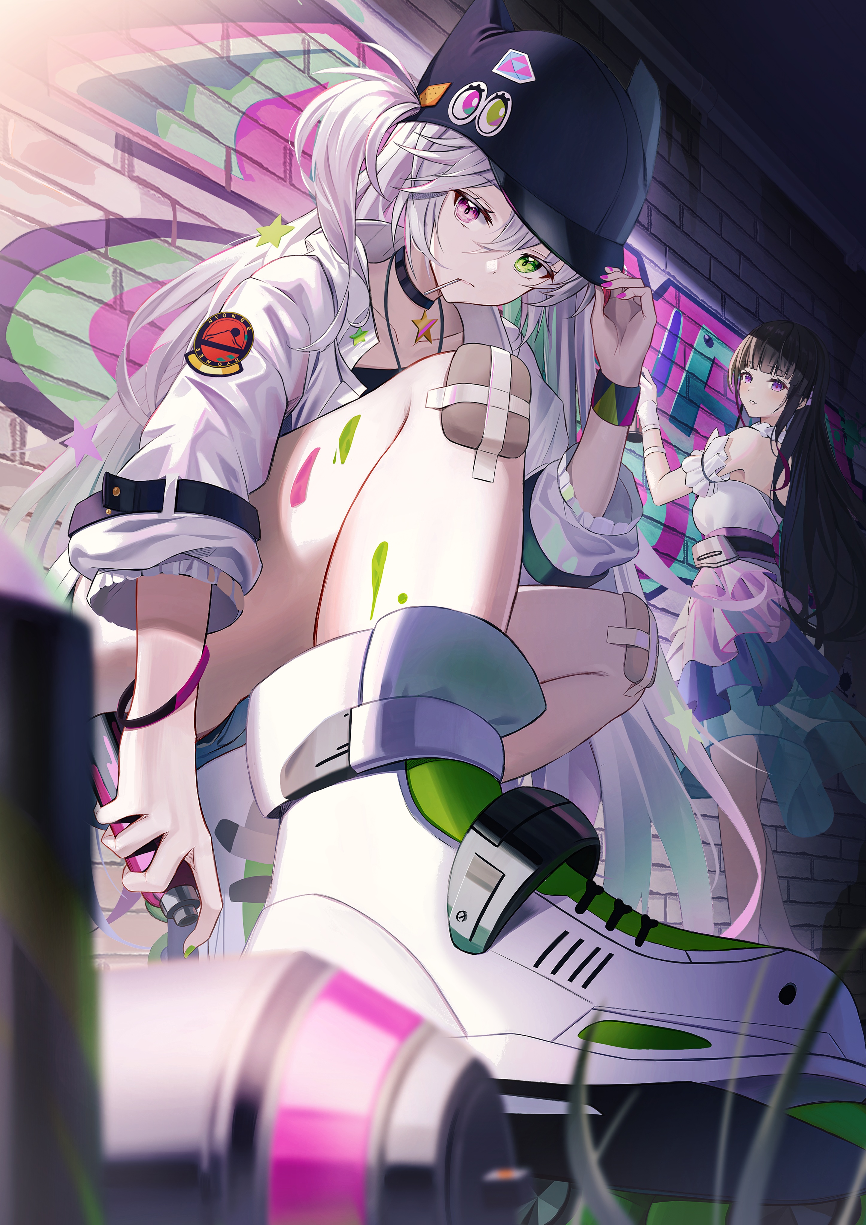 Anime 2894x4093 anime anime girls portrait display heterochromia hat shoes graffiti low-angle long hair looking at viewer choker Spray painting silver hair
