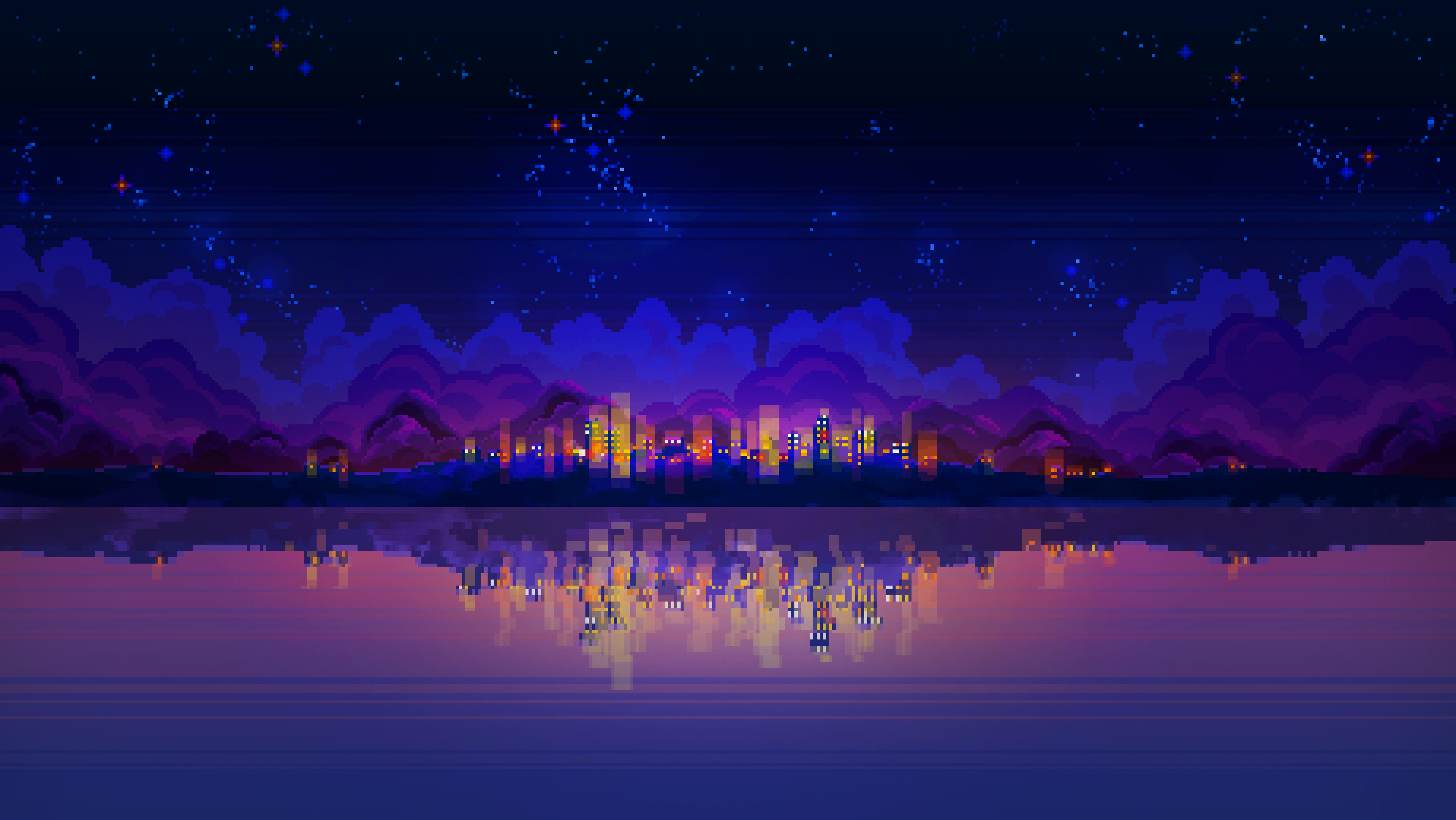 General 3840x2162 pixel art city building water clouds reflection stars starry night low light digital art