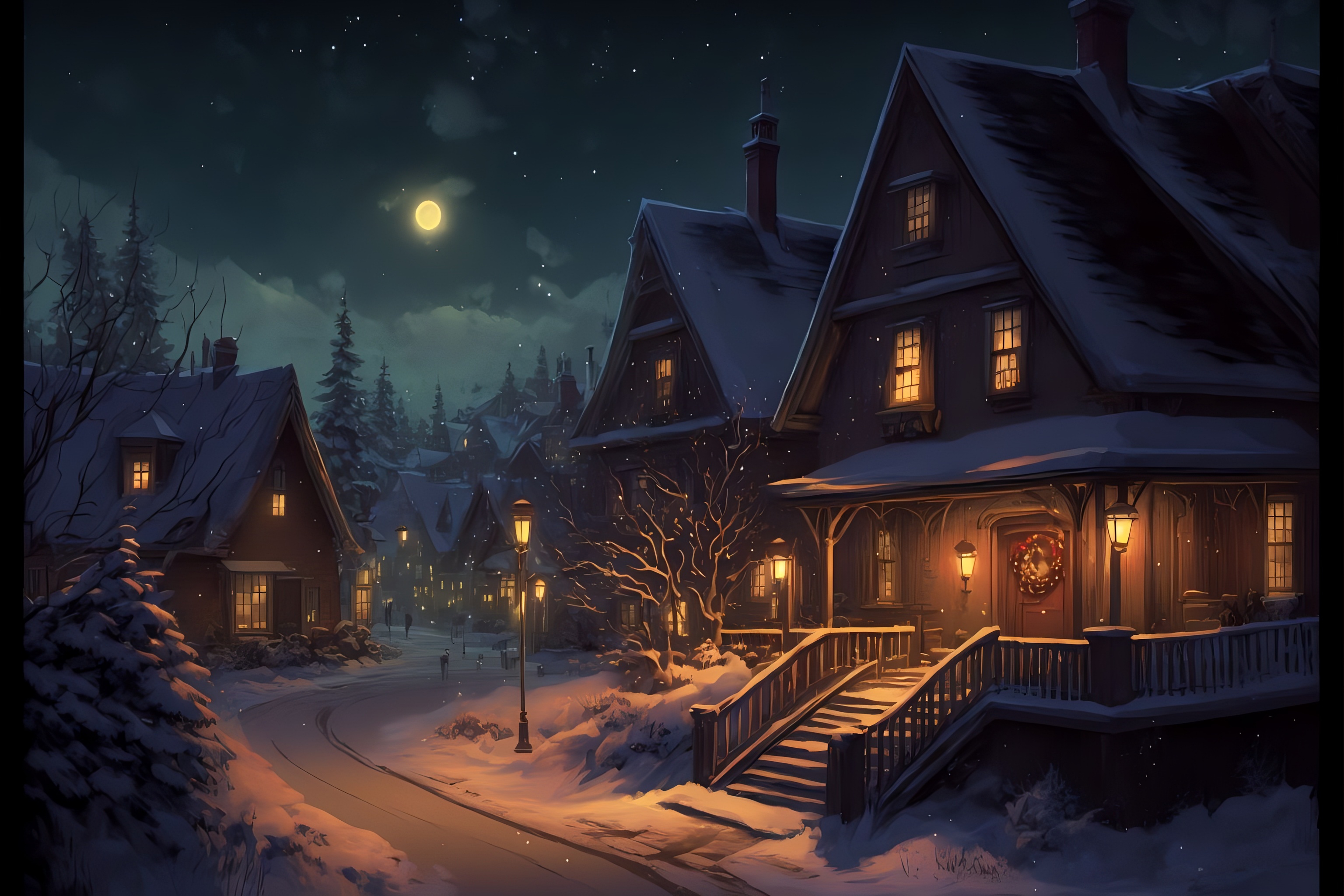 General 3072x2048 snow Christmas full moon trees pine trees house night landscape digital art AI art