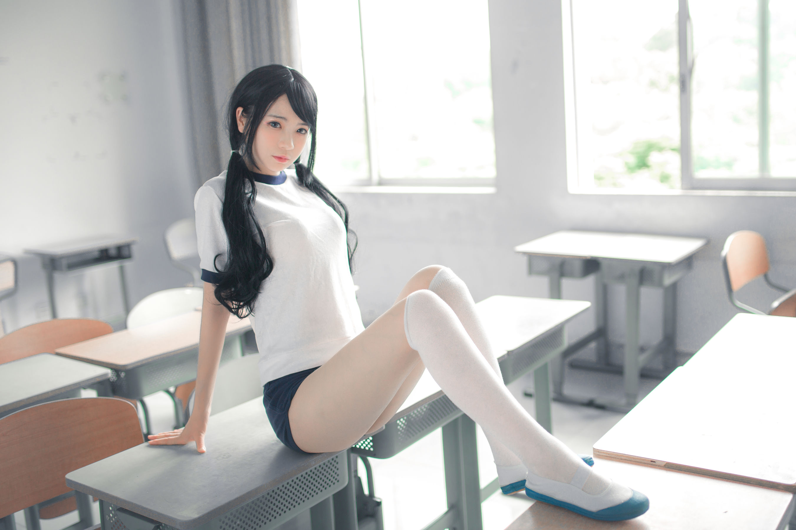 People 2700x1800 women model Asian long hair twintails dark hair women indoors school OTK socks legs T-shirt white tops Feng Mao