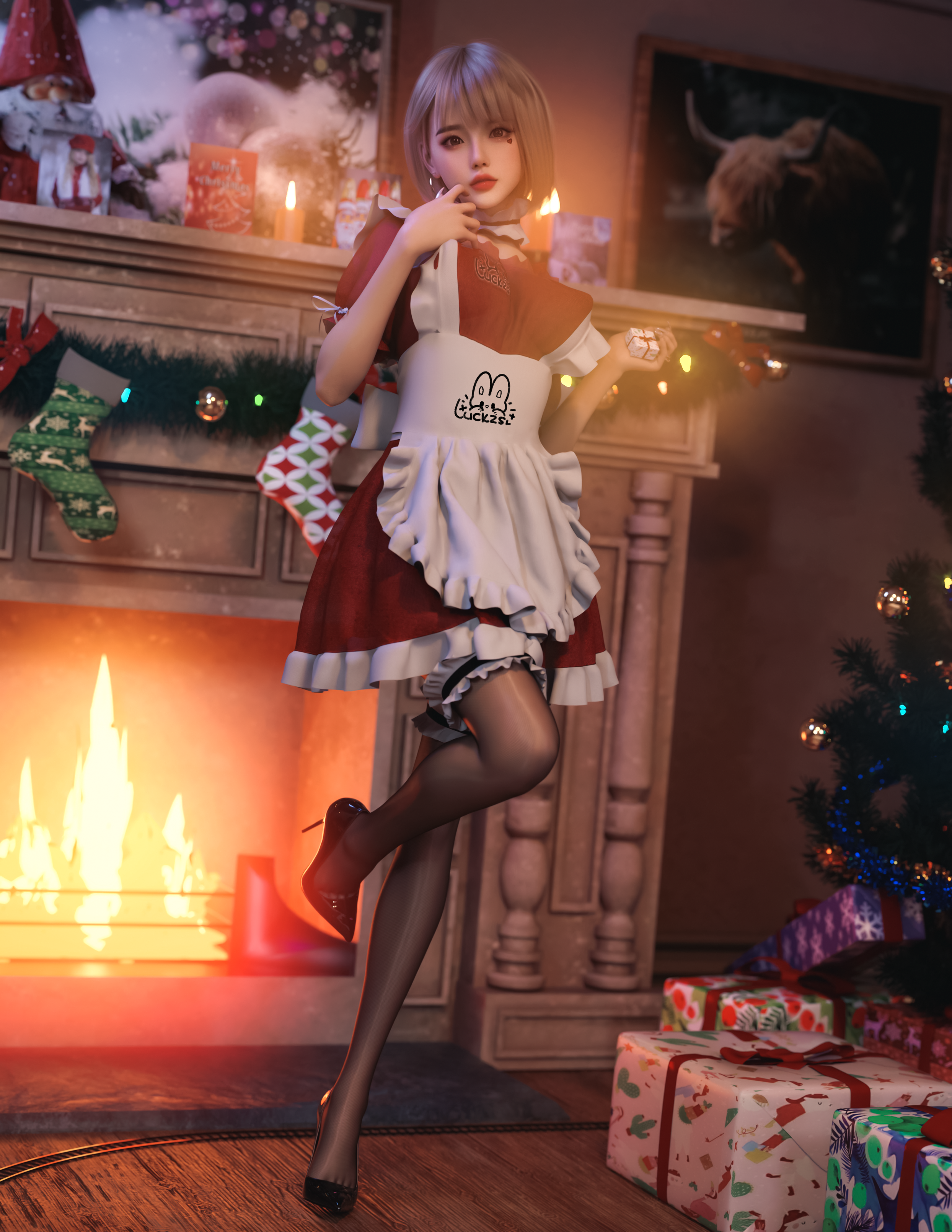 General 2488x3220 Christmas presents Christmas stockings maid maid outfit Christmas ornaments  CGI fireplace Luck zs digital art portrait display indoors women indoors looking at viewer standing Christmas tree socks standing on one leg fire