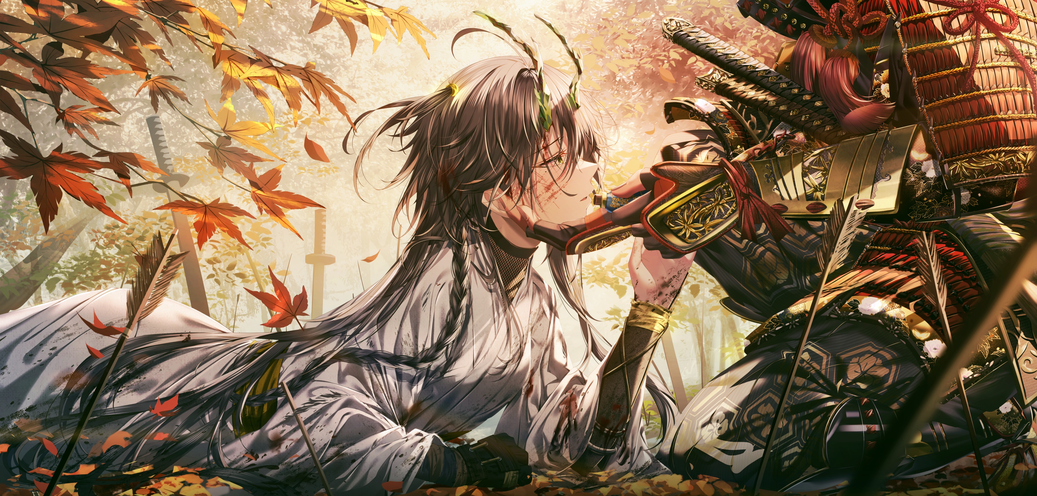 braids, anime, anime girls, braided hair, armor, leaves, Arrow, sword,  weapon, blood | 3500x1675 Wallpaper 