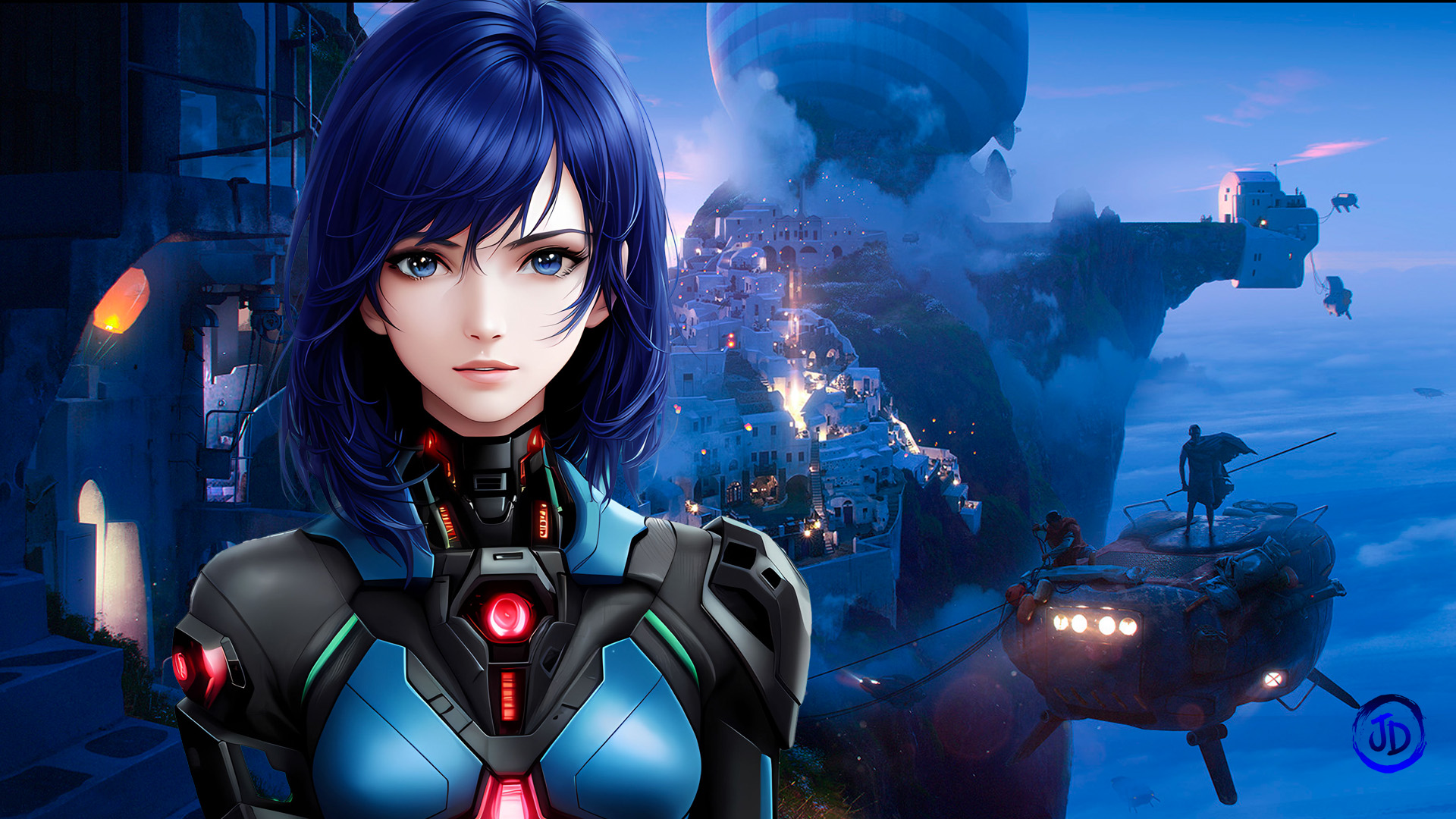 General 1920x1080 futuristic realistic robot science fiction machine blue eyes looking at viewer women blue hair parted lips