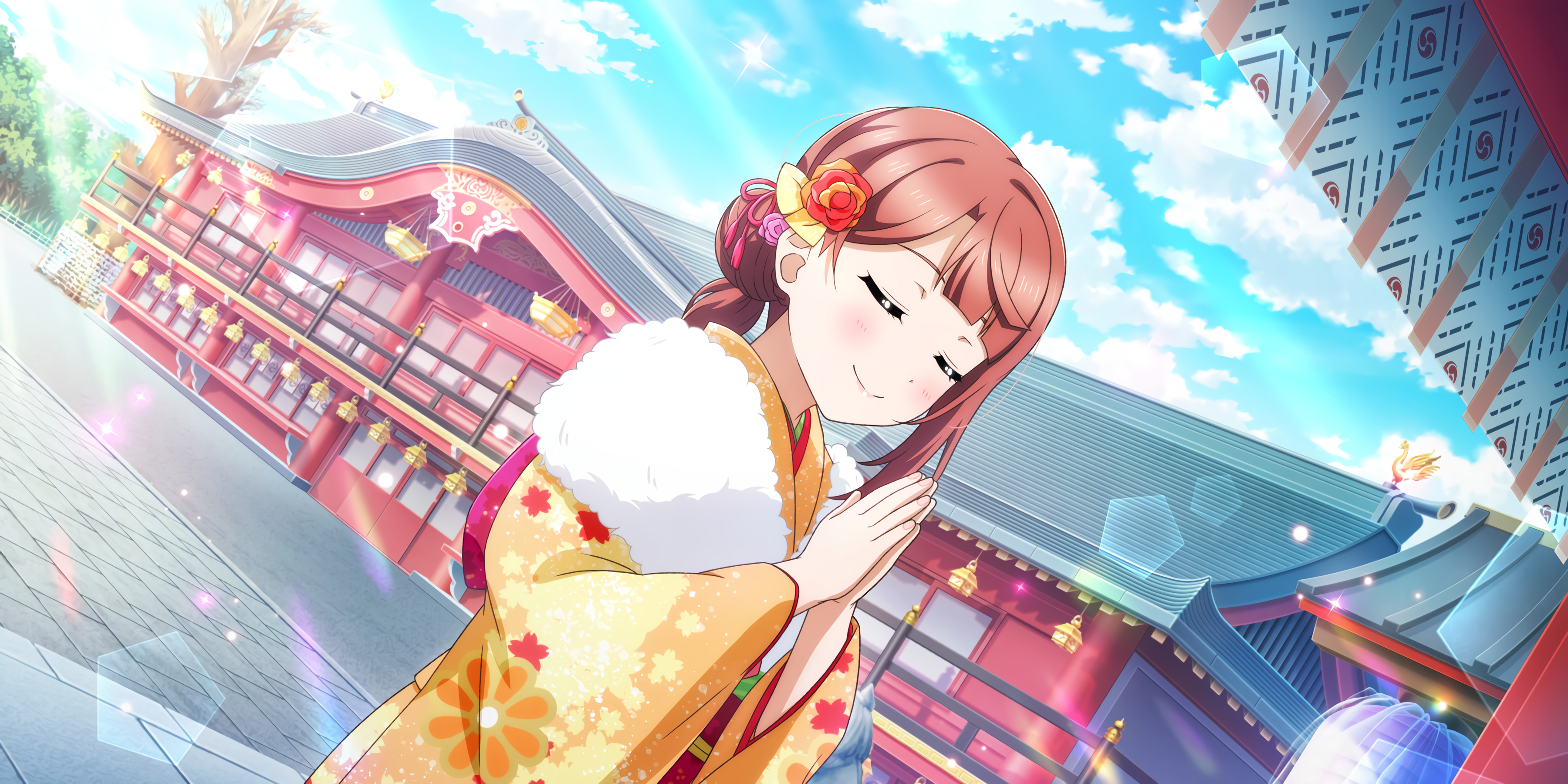 Anime 3600x1800 Uehara Ayumu Love Live! Nijigasaki High School Idol Club Love Live! anime anime girls closed eyes flower in hair kimono