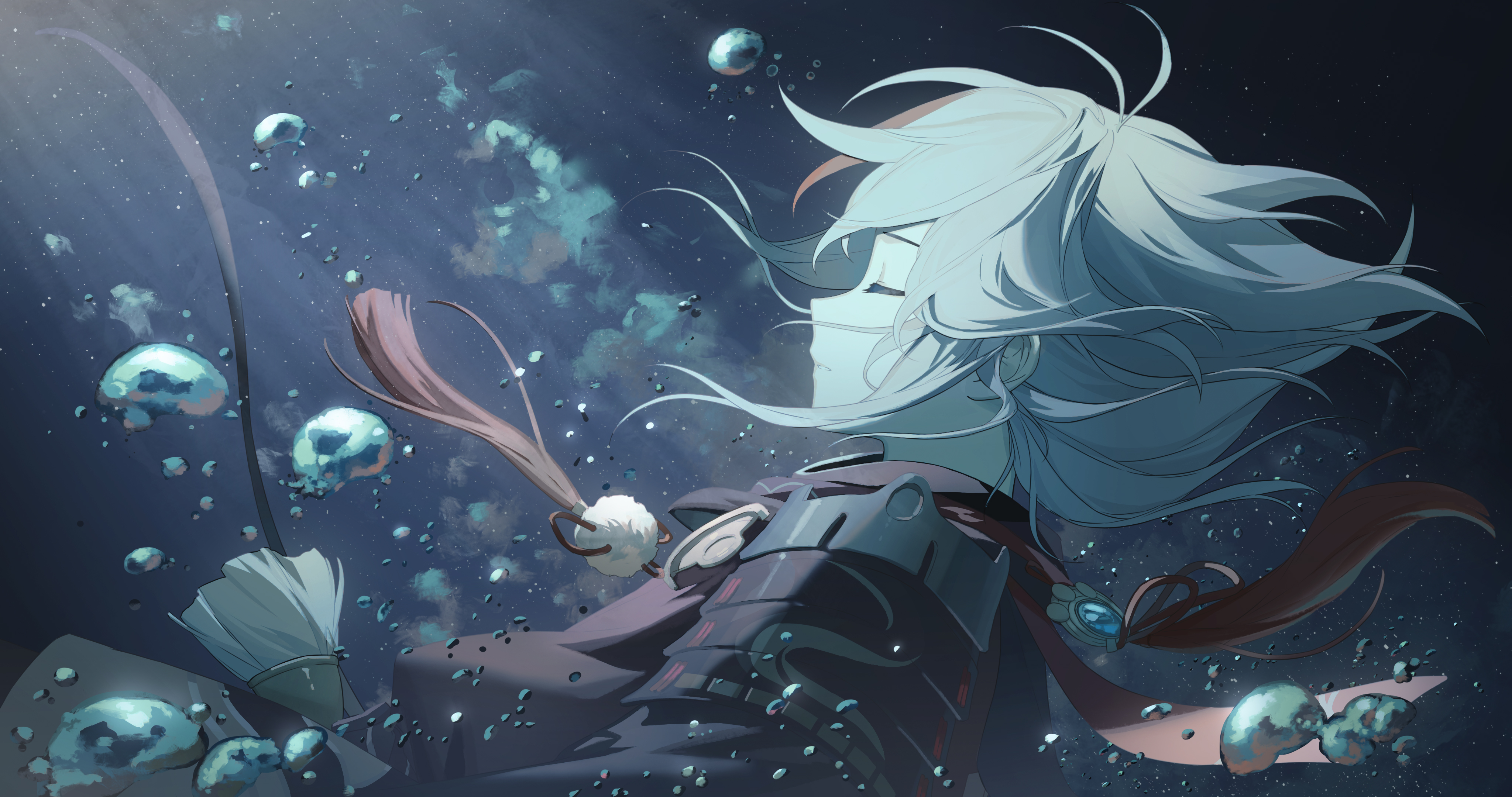 Anime 4096x2160 Kaedehara Kazuha(Genshin Impact) underwater water bubbles closed eyes