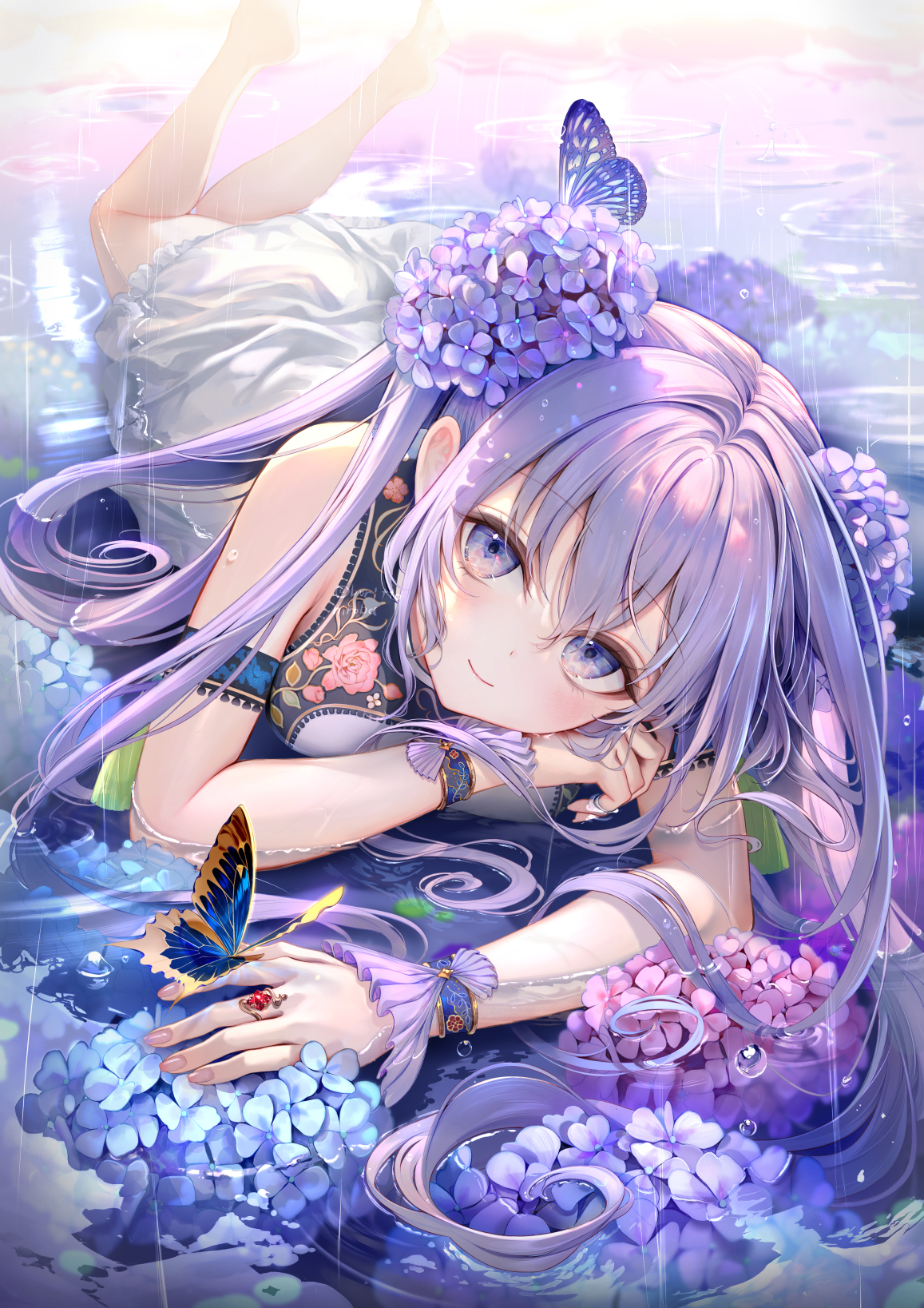 Anime 1157x1637 anime anime girls portrait display long hair purple hair blue eyes lying down lying on front water butterfly flowers bubbles looking at viewer dress flower in hair