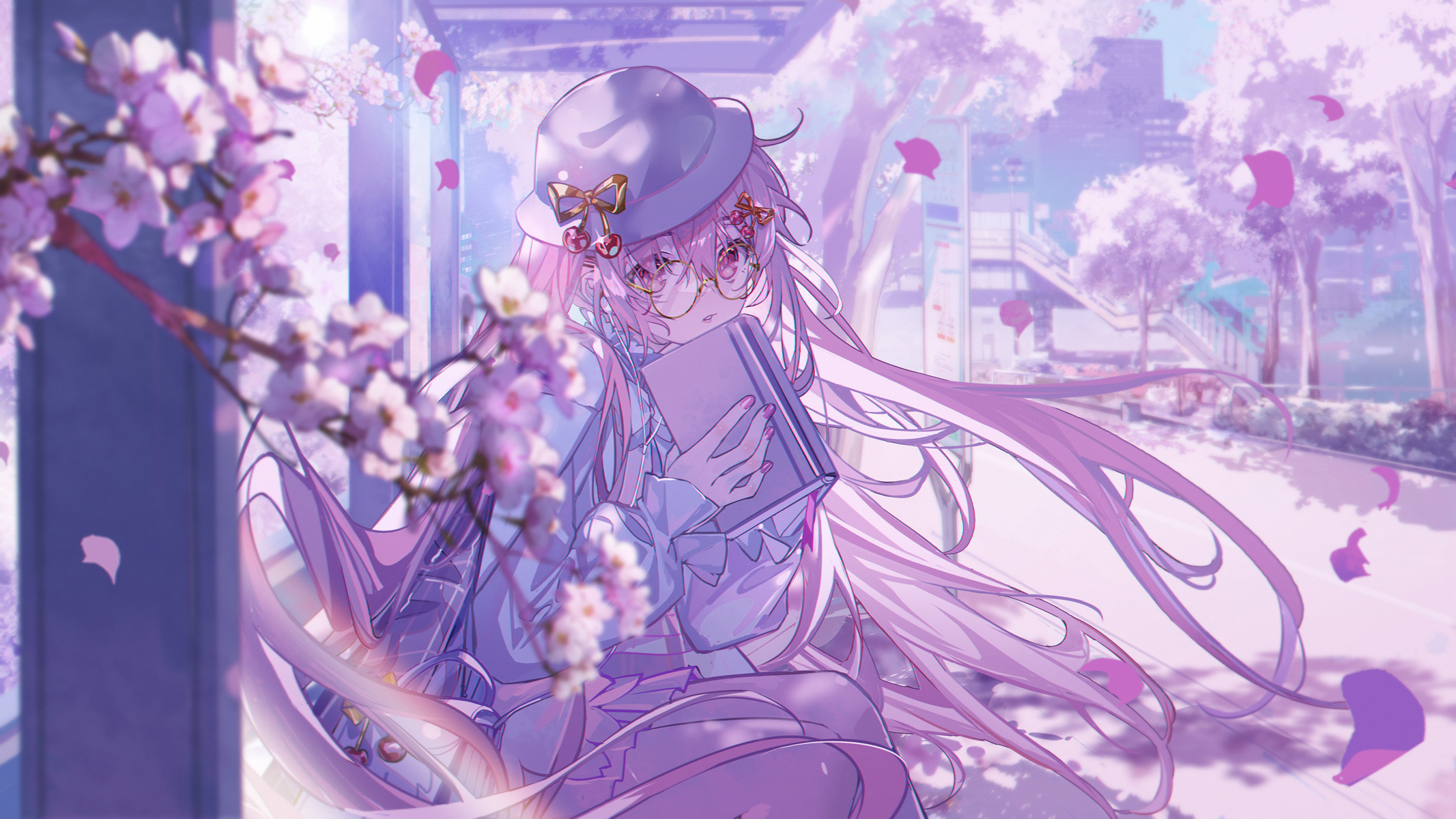 Anime 2133x1200 anime anime girls purple hair purple eyes looking at viewer glasses petals flowers hat sunlight sitting trees dress branch earphones