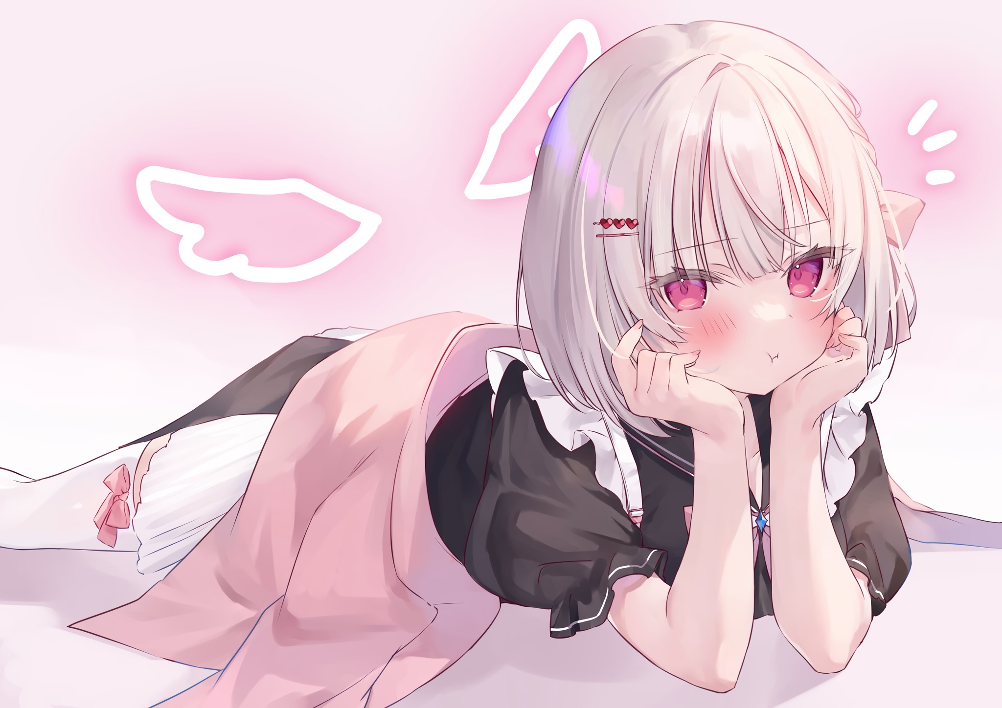 Anime 2048x1448 anime anime girls lying down lying on front blushing red eyes short hair silver hair hand on face wings looking at viewer stockings simple background minimalism neon