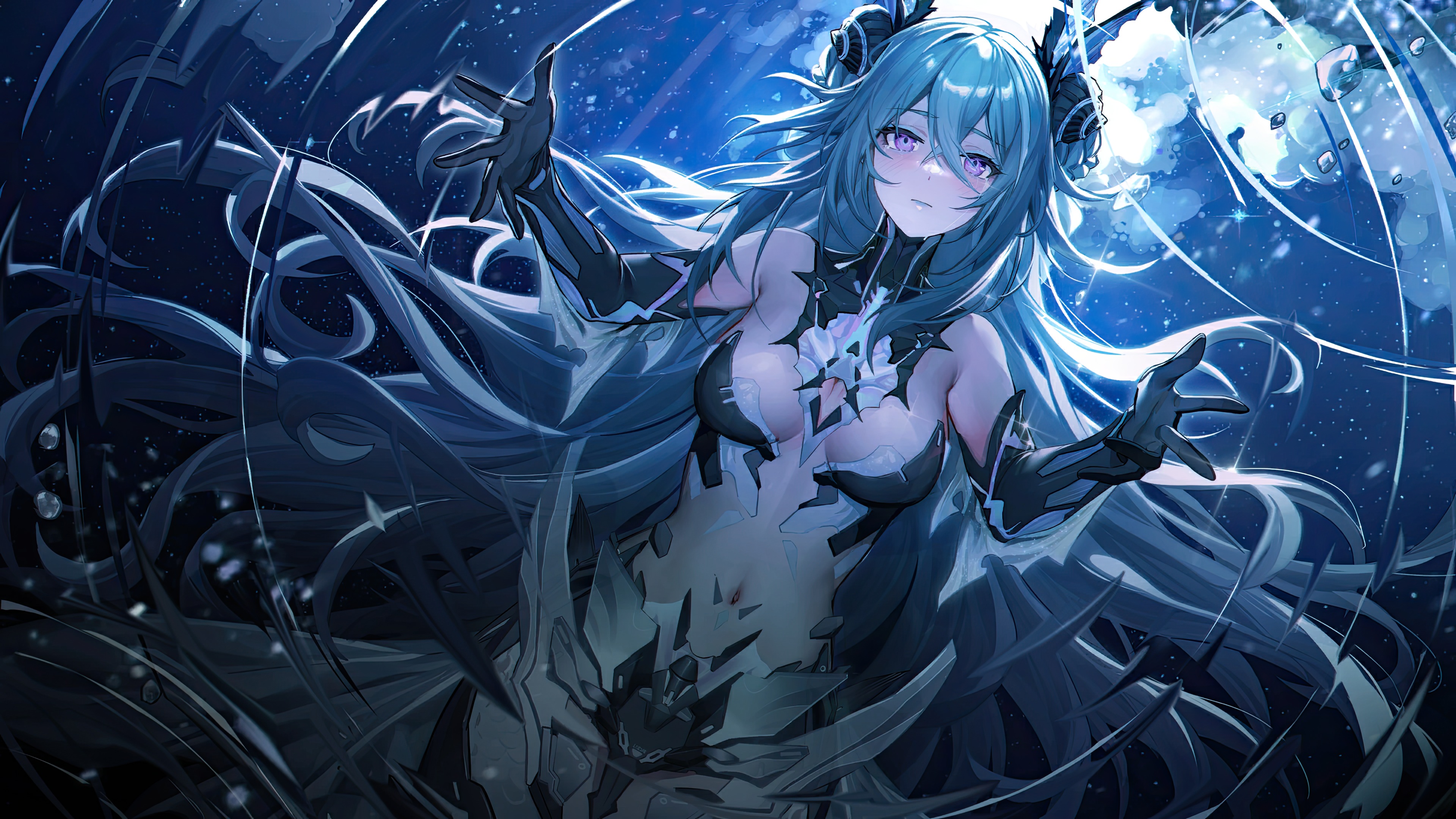 Anime 3840x2160 anime anime girls Punishing: Gray Raven Lamia (Punishing: Gray Raven) boobs looking at viewer long hair blue hair purple eyes tears blushing crying ripples water sky clouds belly button arms reaching water drops
