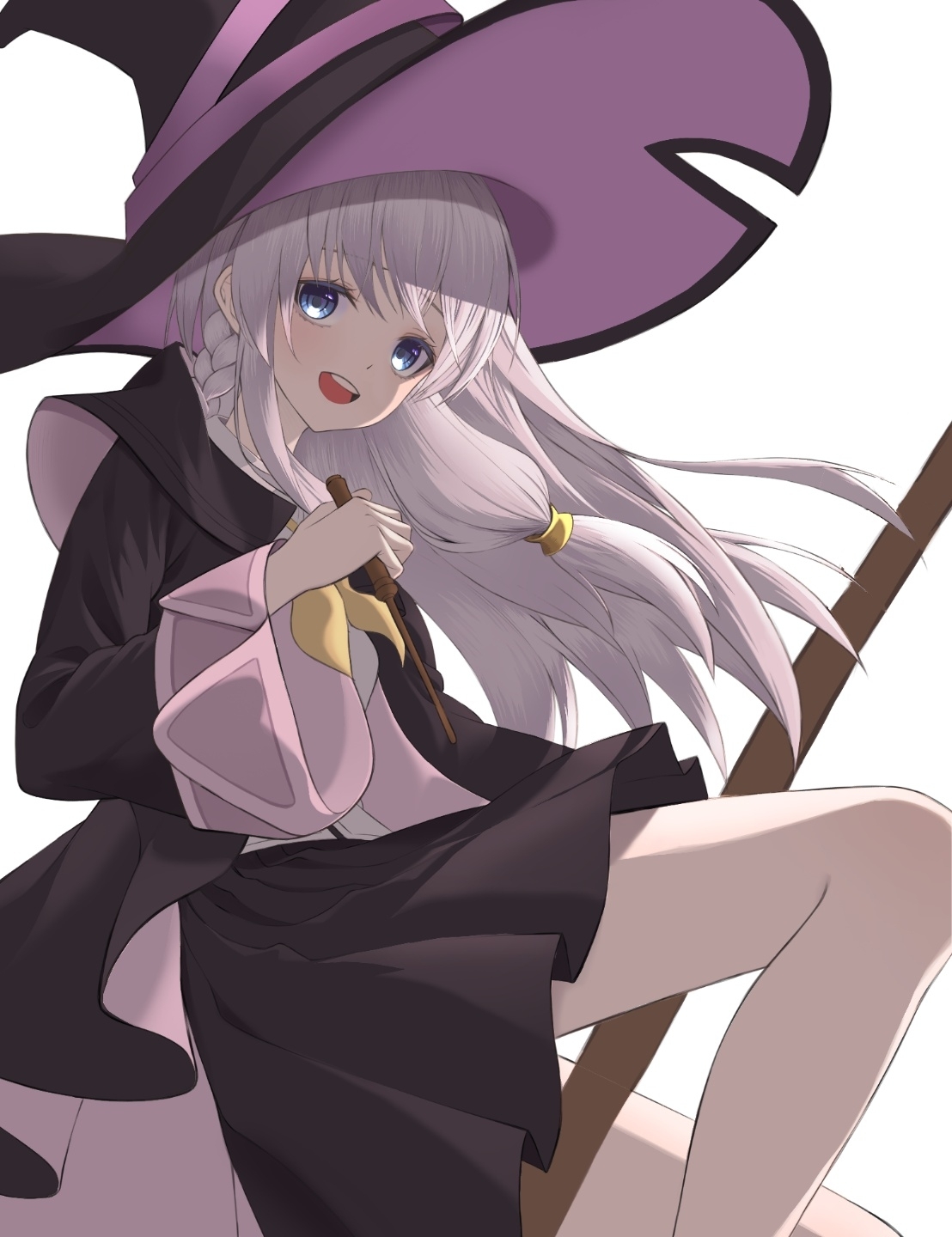 Anime 1108x1440 Elaina (Majo no Tabitabi) Majo no Tabitabi gray hair anime girls portrait display blue eyes long hair braids witch witch hat wands looking at viewer open mouth minimalism simple background white background