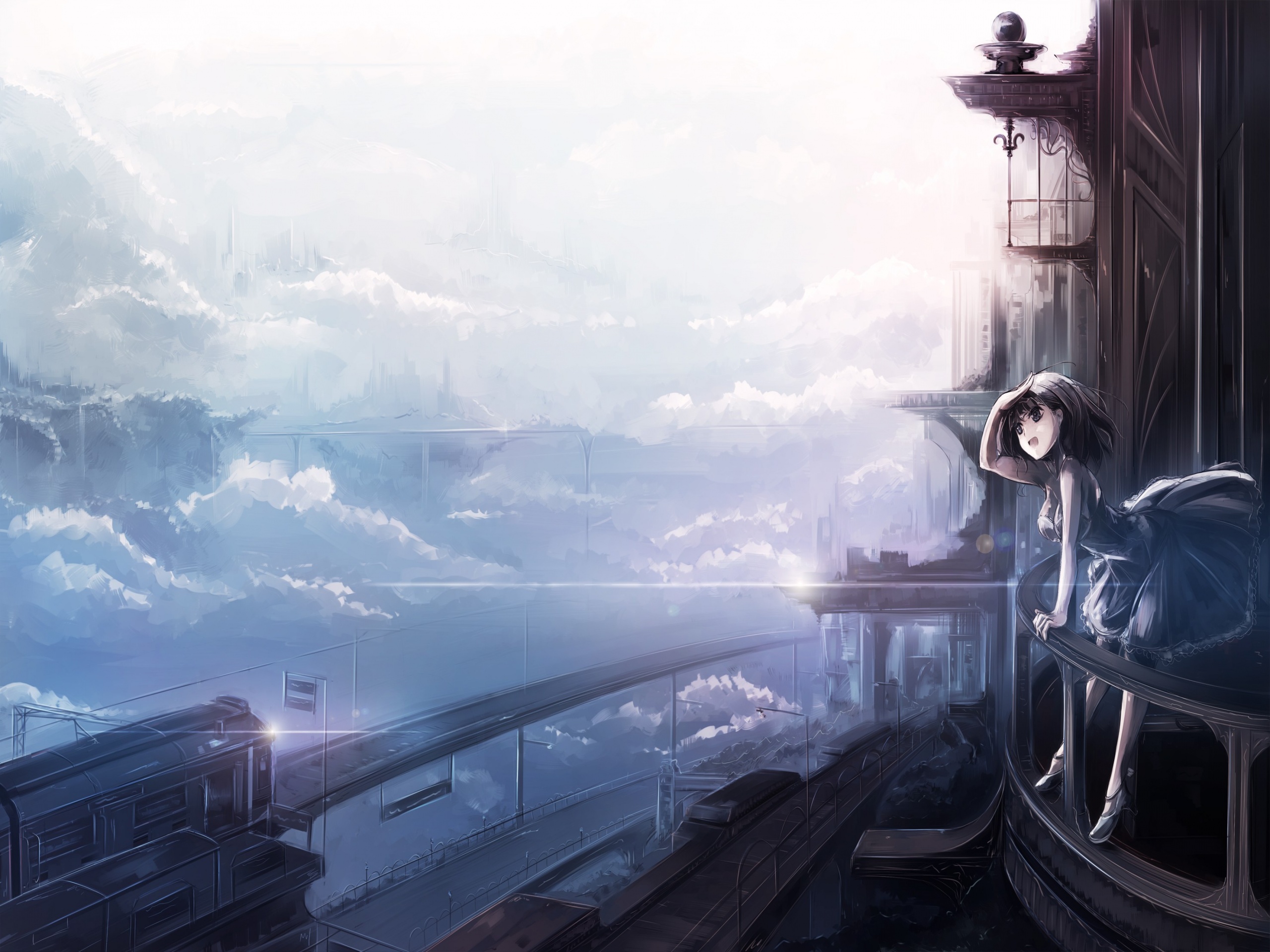 Anime 2560x1920 anime girls train looking into the distance sky clouds dress open mouth short hair
