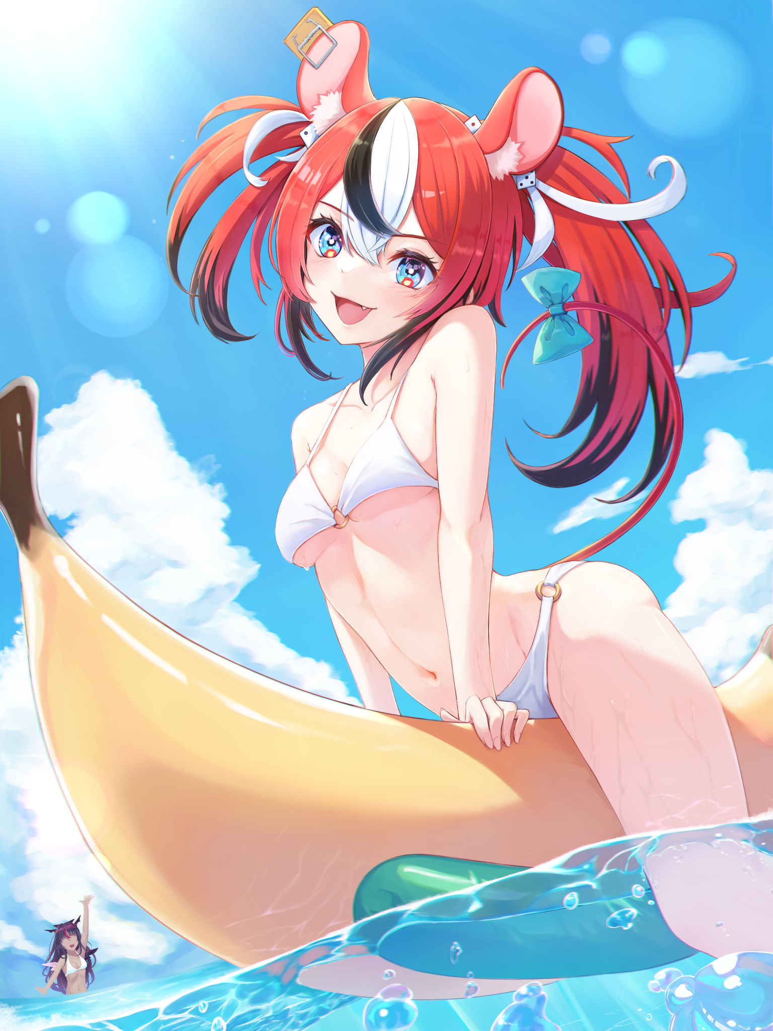 Anime 1536x2048 anime anime girls digital art artwork 2D Pixiv petite looking at viewer belly belly button bare midriff portrait portrait display Hololive Hakos Baelz Virtual Youtuber sunlight multi-colored hair water twintails open mouth blushing floater swimwear bikini sky clouds small boobs wet wet body bananas mouse ears mouse girls