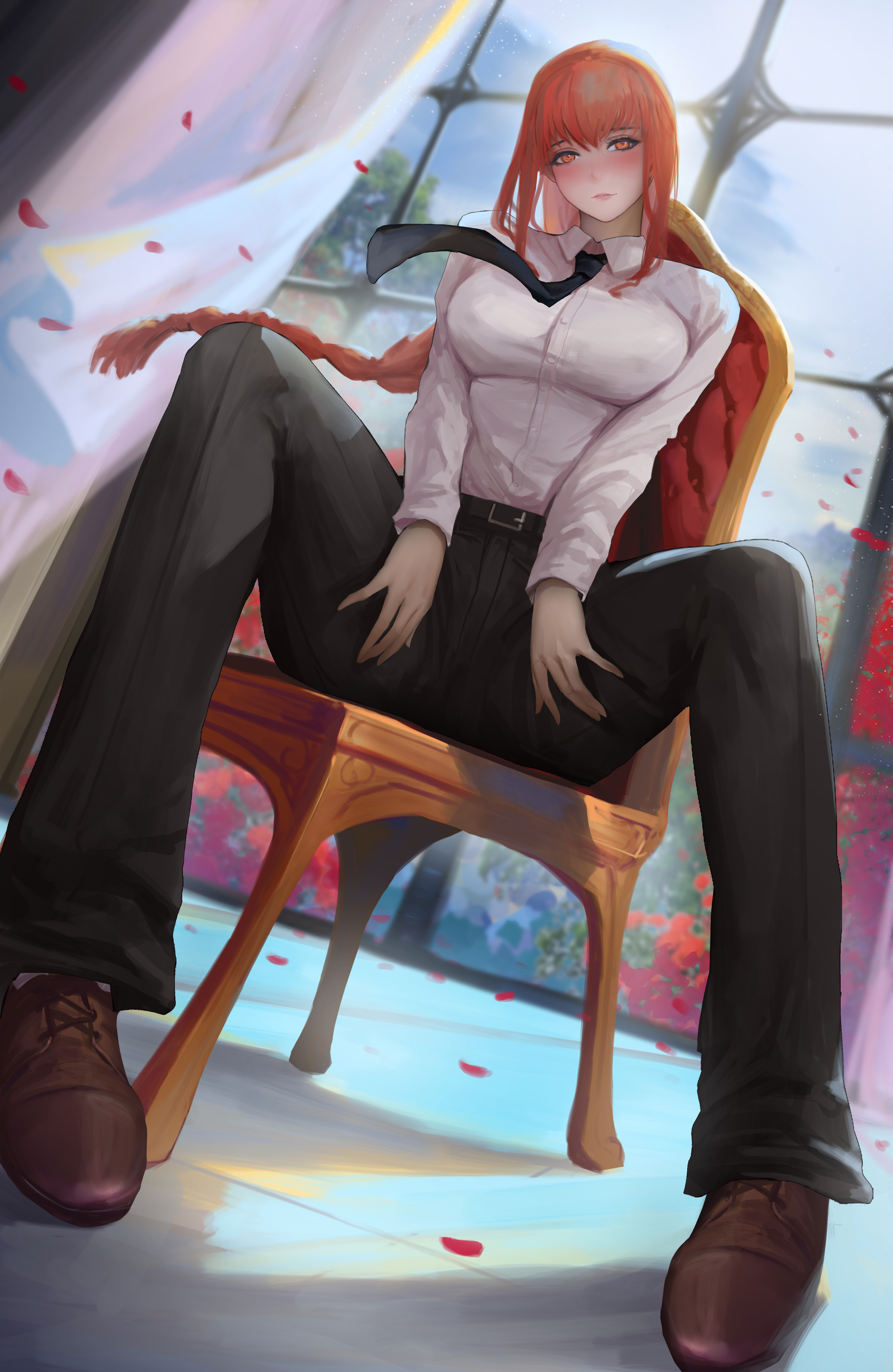 Anime 3549x5455 Makima (Chainsaw Man) Chainsaw Man anime anime girls artwork drawing fan art Windwalker Ture sitting window petals braids redhead yellow eyes portrait display blushing looking at viewer curtains long hair tie sitting on chair chair wind shoes hair blowing in the wind