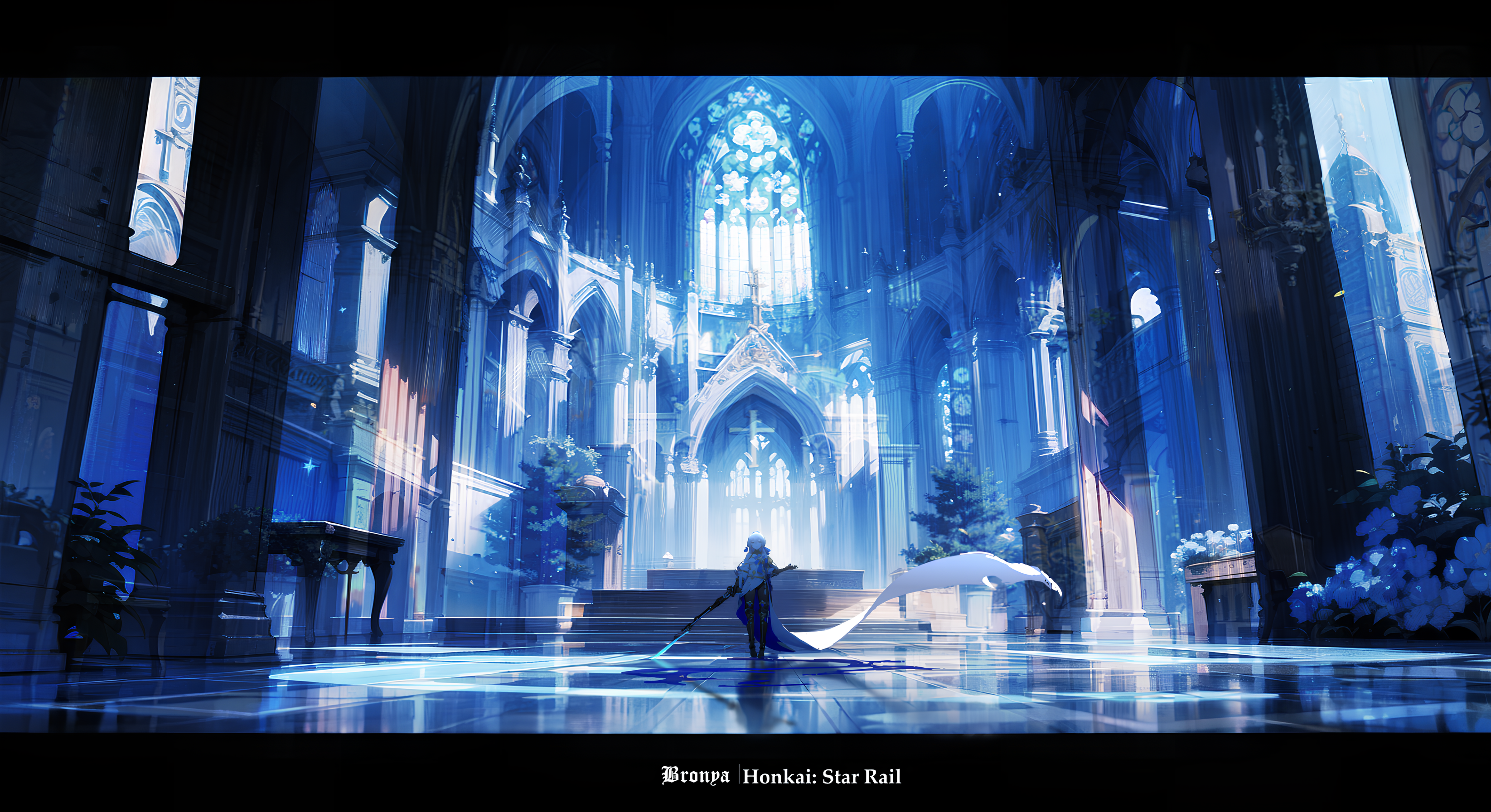 Anime 3290x1792 Honkai: Star Rail artwork Bronya Rand anime girls rifles castle Nid417 reflection cathedral interior looking at viewer standing