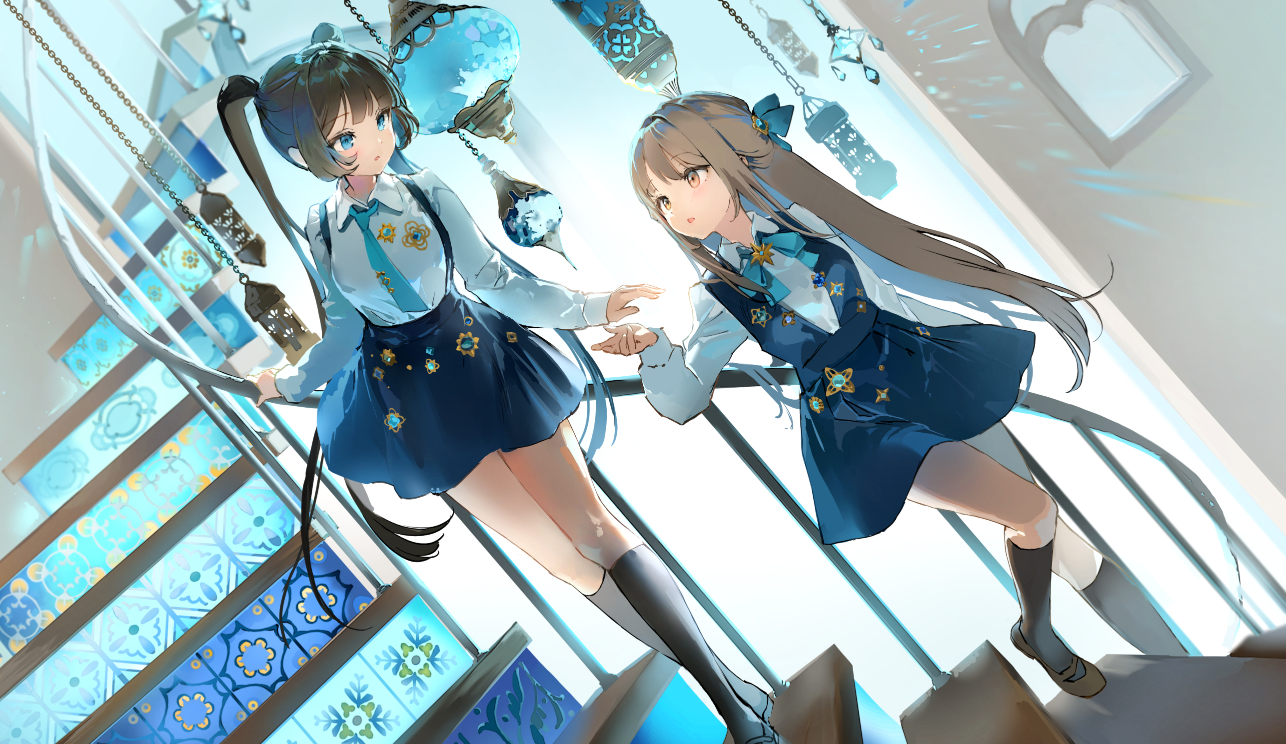 Anime 2573x1489 anime anime girls Anmi stairs long hair thigh high socks schoolgirl school uniform tie bow tie