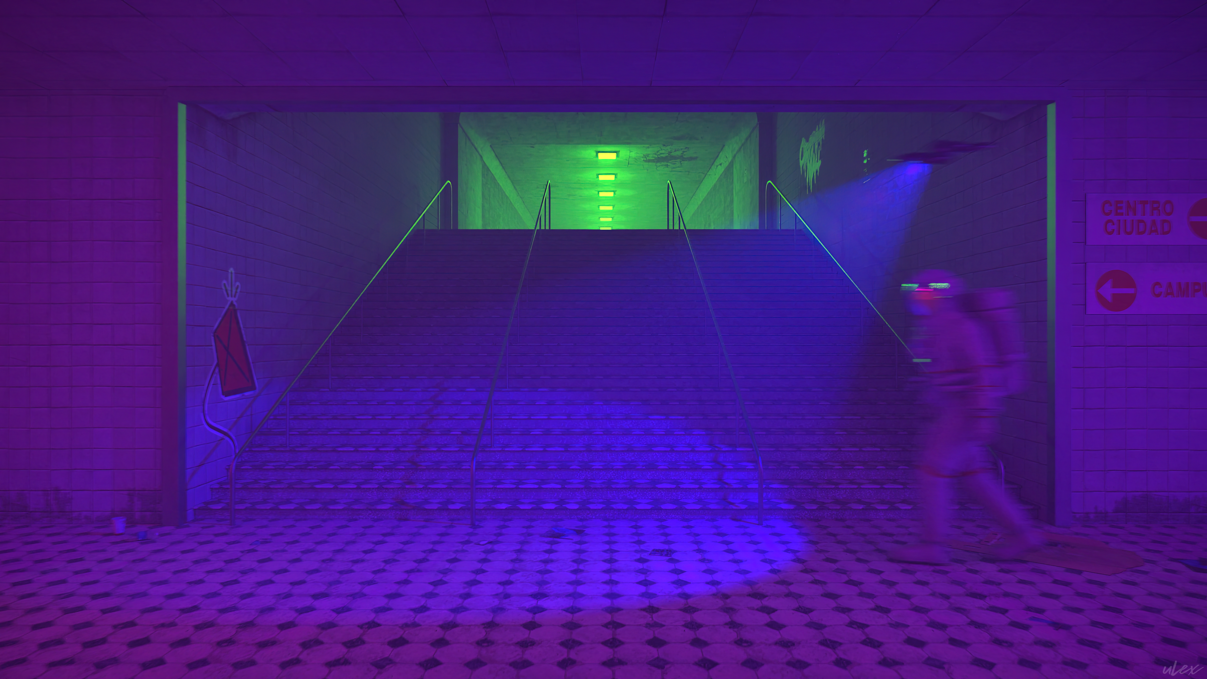 General 3840x2160 CGI train station astronaut drone stairs neon digital art walking spacesuit