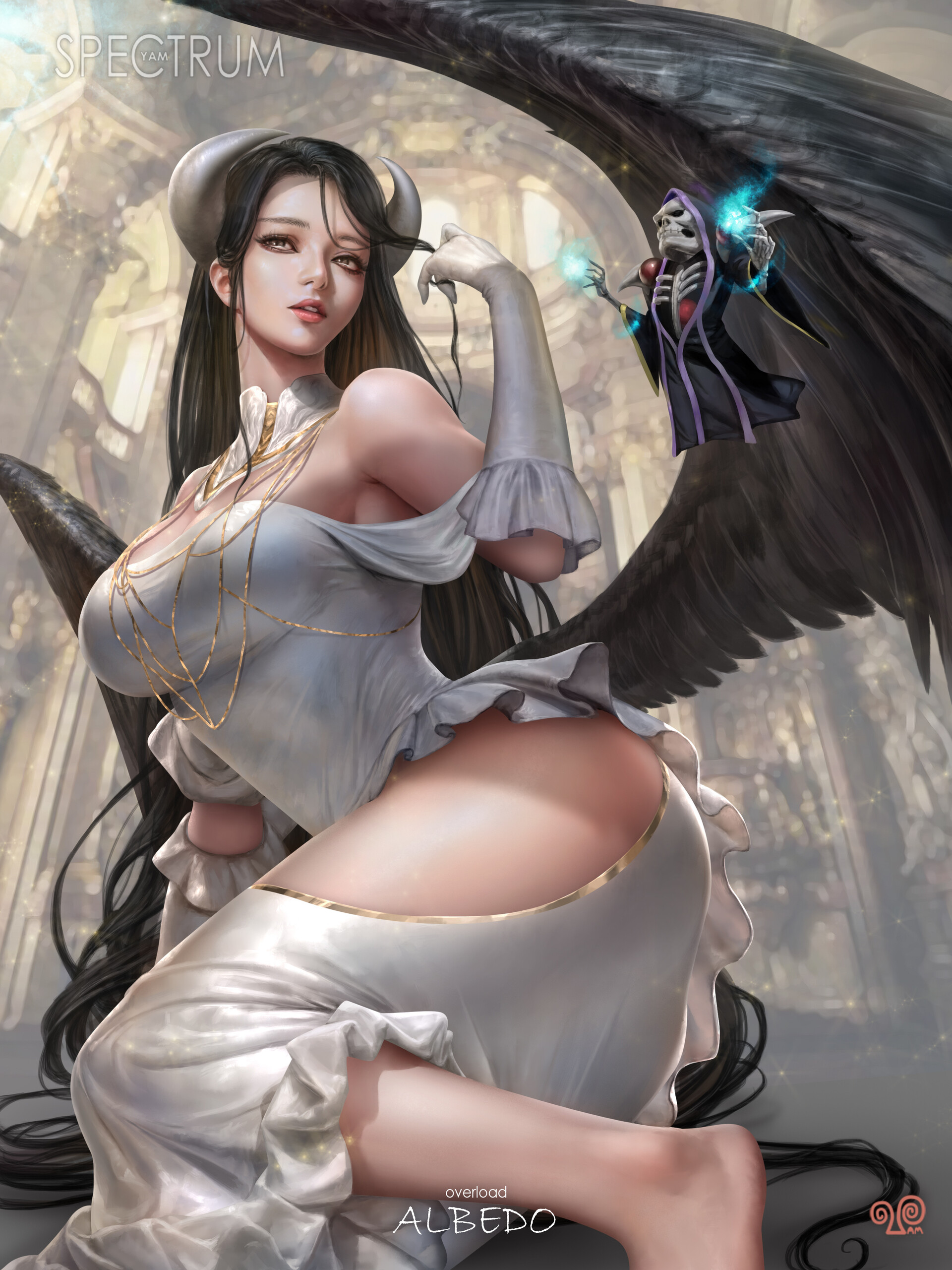 Anime 1920x2560 Mansik Yang women drawing Albedo (OverLord) white clothing wings Overlord (anime) thighs low-angle anime girls demon girls horns yellow eyes black hair ass looking away portrait display